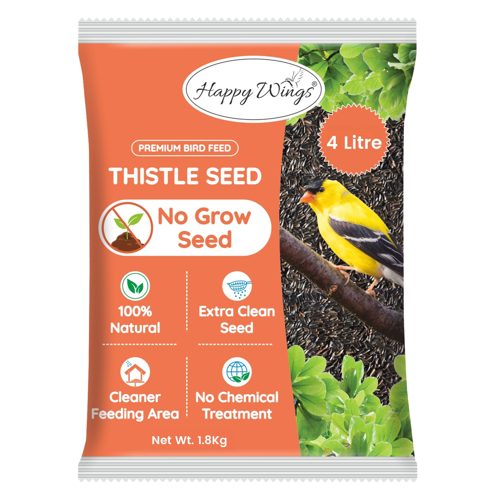 Happy Wings NO GROW Thistle Seeds (Nyjer Seeds) Bird Food for Wild Birds - Highly Nutritious Bird Feed - (1.8 Kg)