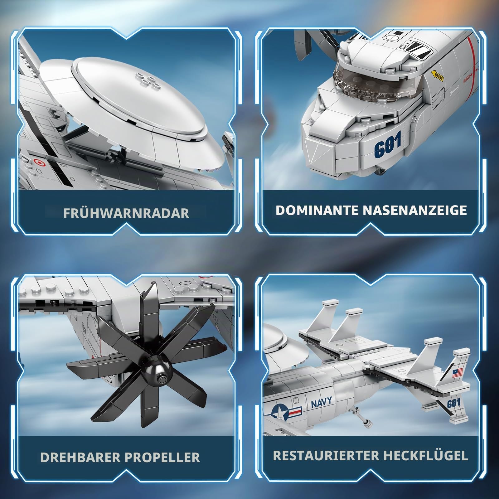 Reobrix E-2 Fighter Bauspielzeug-Set, Militär-Hawkeye Airborne Frühwarnjet-Flugzeugmodell für Erwachsene, 33029 Flugzeug, Hobby, Armee-Fan-Kollektion, Dekoration, Geschenke für Männer, Jugendliche ab