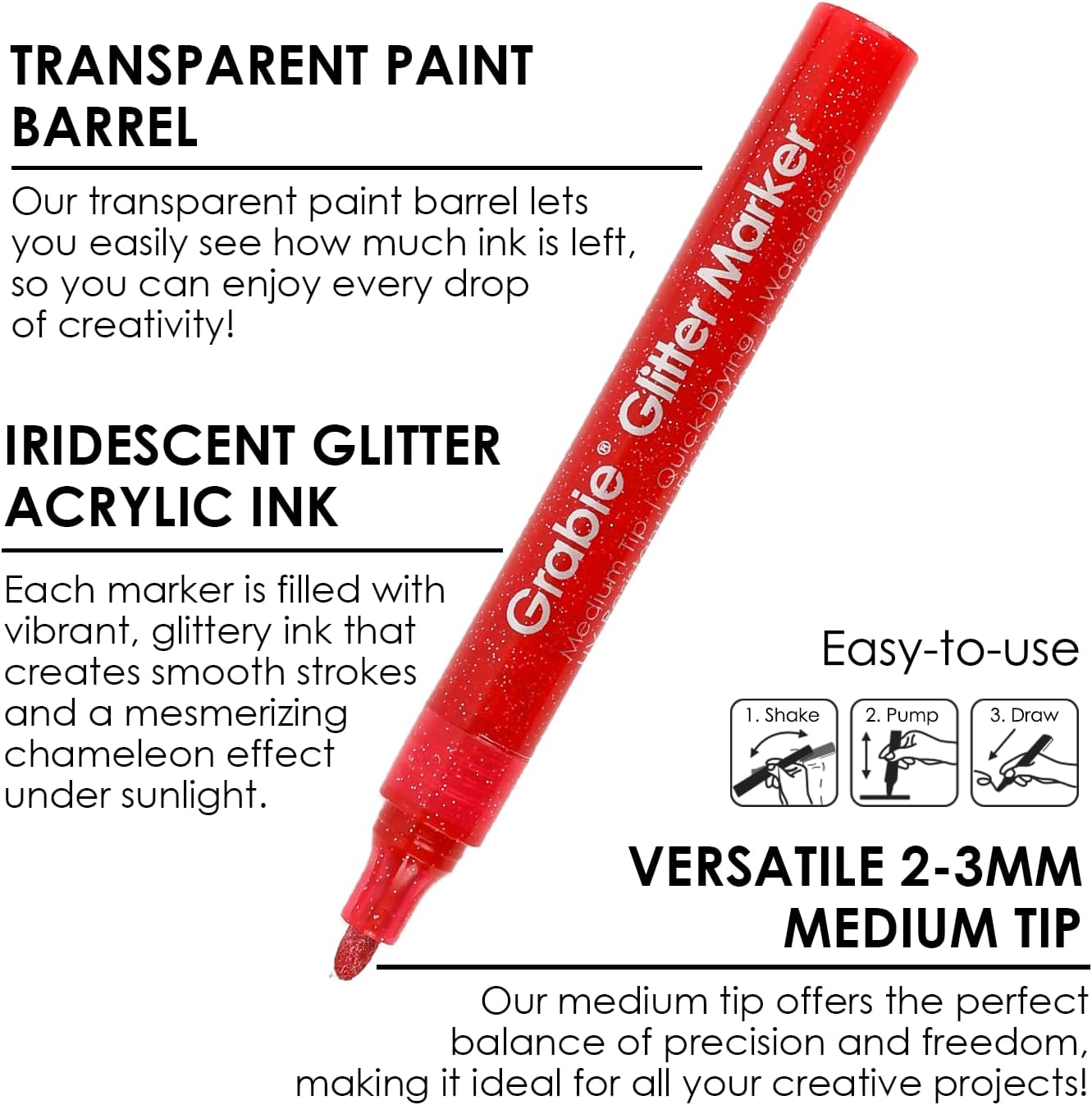 Grabie 24 Glitter Metallic Markers, Medium Tip Glitter Acrylic Paint Markers, Quick-Drying Water-based Ink Glitter Pens for Adults, DIY Crafts Making, Set of 24