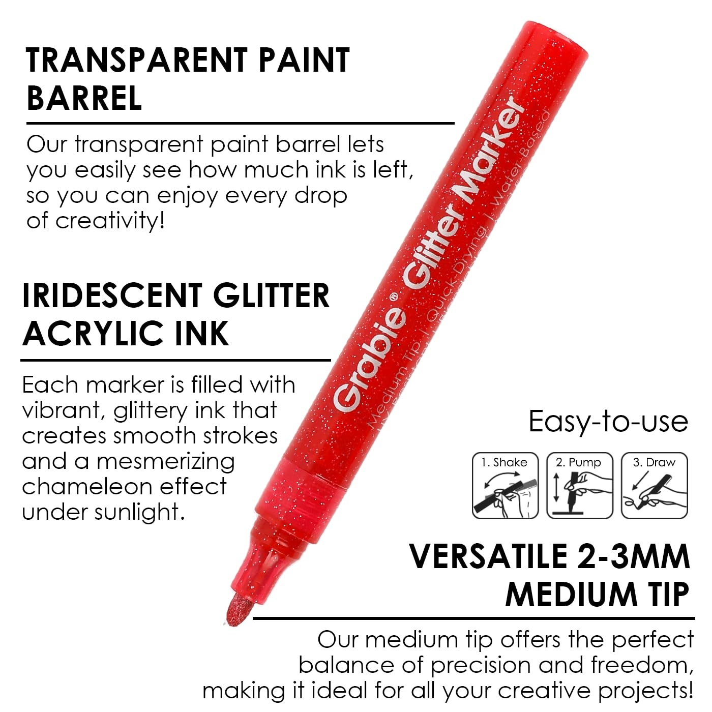 Grabie 24 Glitter Metallic Markers, Medium Tip Glitter Acrylic Paint Markers, Quick-Drying Water-based Ink Glitter Pens for Adults, DIY Crafts Making, Set of 24: Medium Tip 24 Colors Pack of 24