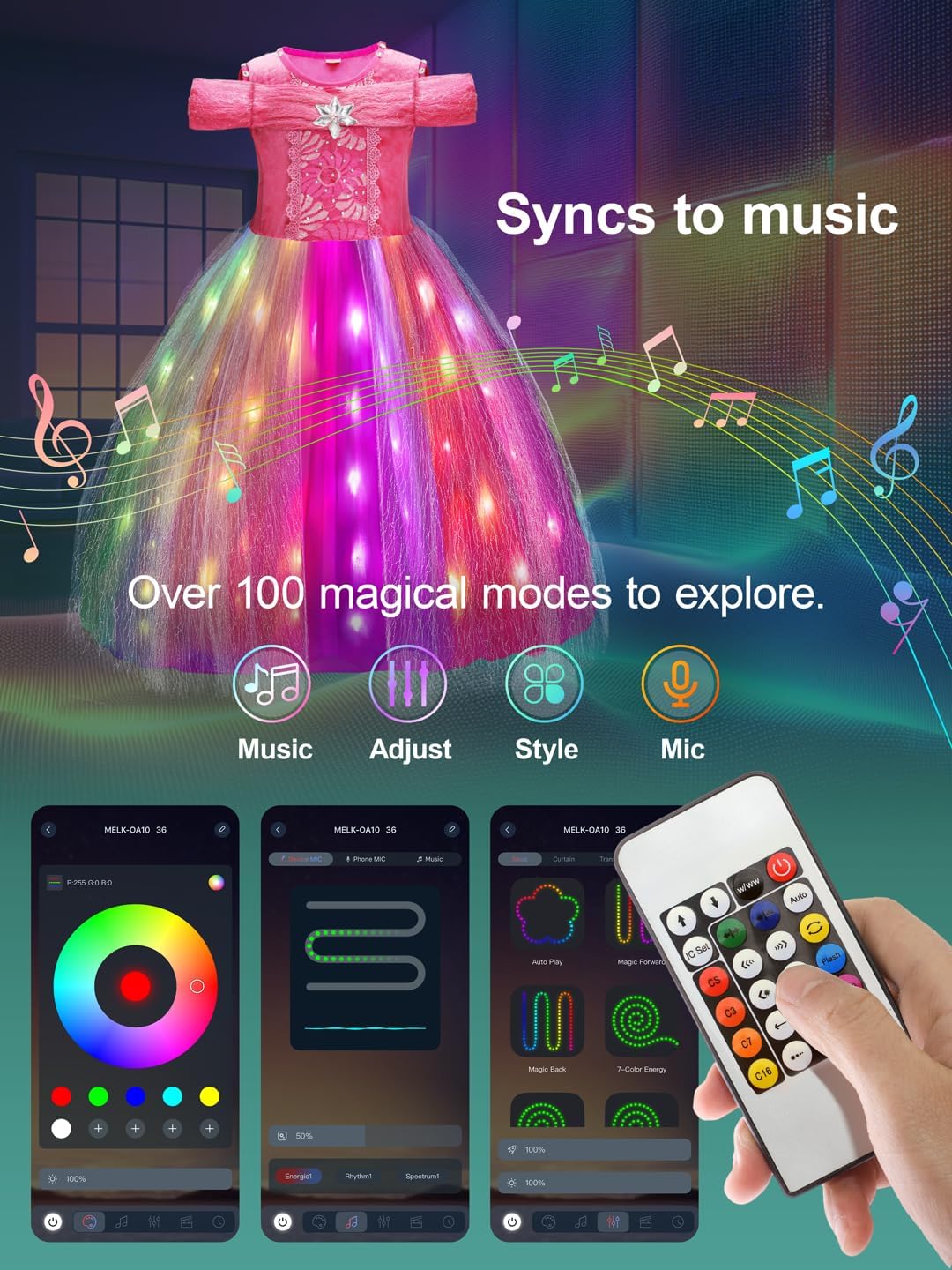 BLINGCOS Deguisement Fille, Robe de Princesse Sync avec Rythme de Musique, Contrôlable par APP, Robe Lumineuse LED RGB Kit de Fête avec 4pcs Accessoires pour Halloween, Noël, Carnaval, 3-4 Ans BLINGCOS Deguisement Fille, Robe de Princesse Sync avec Rythme de Musique, Contrôlable par APP, Robe Lumineuse LED RGB Kit de Fête avec 4pcs Accessoires pour Halloween, Noël, Carnaval, 3-4 Ans