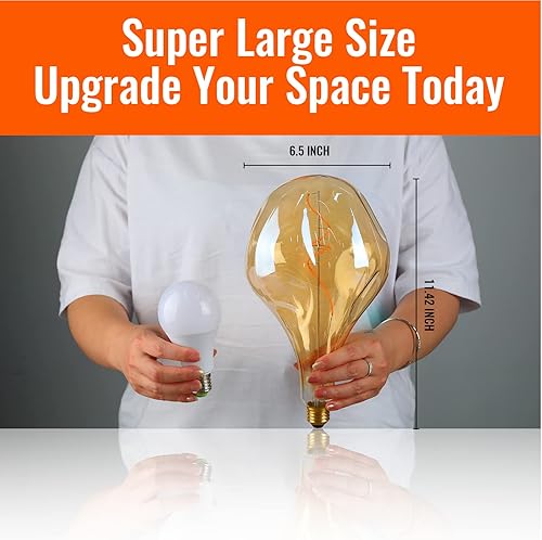 Miniatura 5 de OMED Bombilla LED Edison grande de gran tamaño, paquete de 2 unidades, E26 2200 K, blanco cálido, bombilla gigante vintage, 5 W, 400 lúmenes,