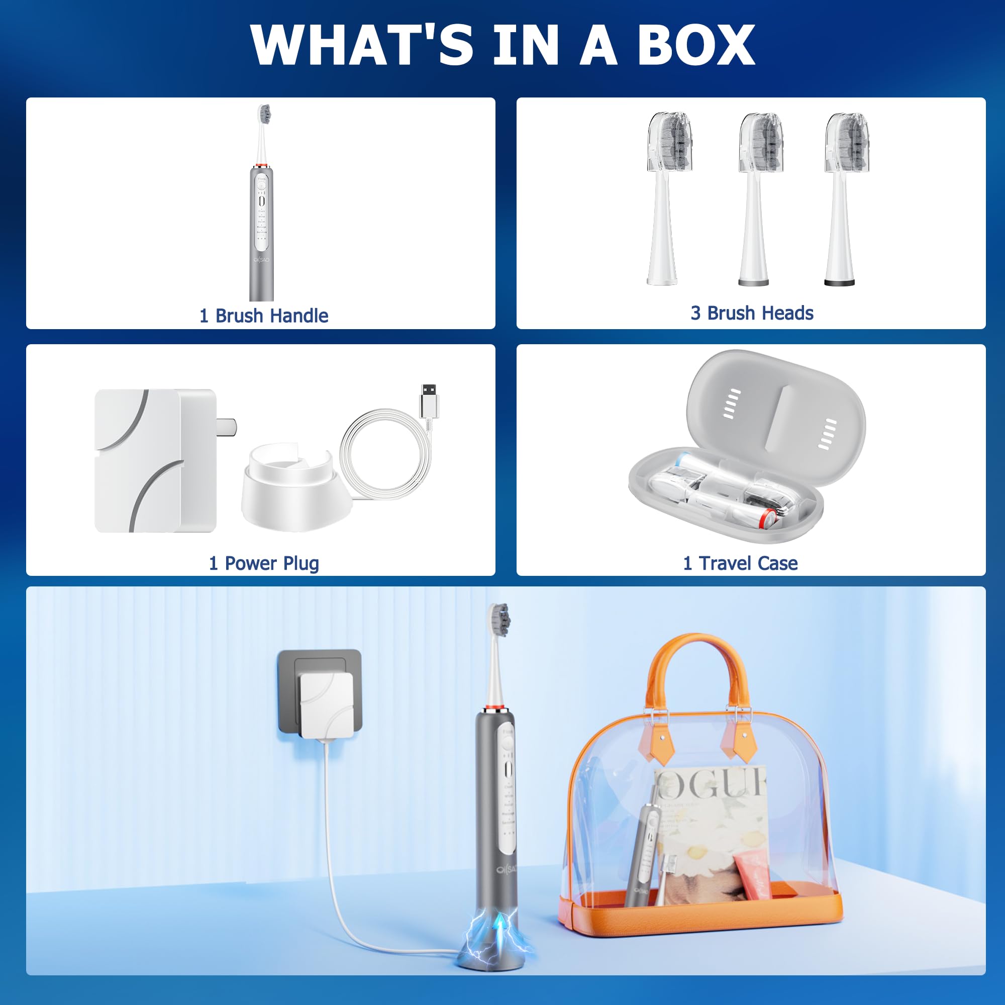 Cepillo de dientes eléctrico con hilo dental combinado, 5 modos de cepillo y 3 velocidades de hilo dental, color gris