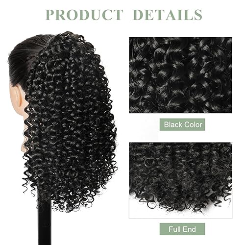 Miniatura 3 de Halcyon Extensión de cola de caballo con cordón para mujeres negras, 14 pulgadas, con cordón rizado, sintético, clip instantáneo, extensión de cola
