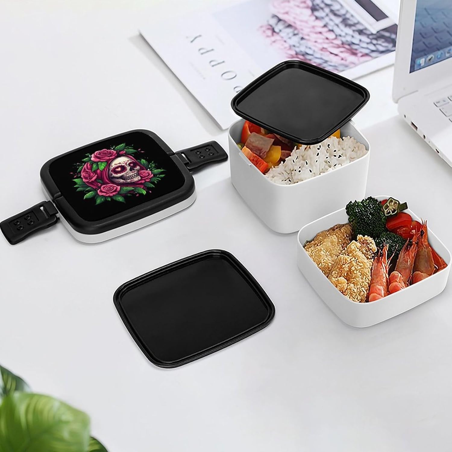 Floral Skull Rose Flowers Bento Box with Spoon 2 Layer Food Container Cute Lunch Box for Travel Dining Work