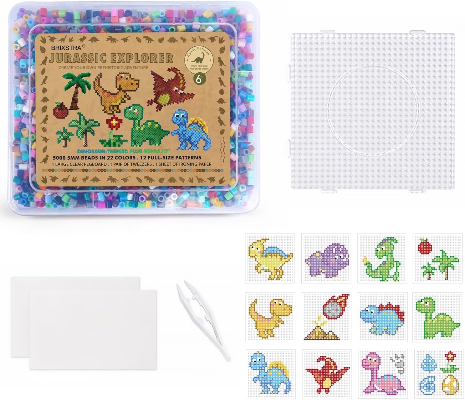 Dinosaur Fuse Beads Kit, 5,000PCS 5mm Melty Beads in 22 Colors, 12 Dinosaur Patterns, 1 Large Clear Square Pegboard, 1 Pair of Tweezers, 1 Sheet of Ironing Paper, DIY Craft Kit for Kids