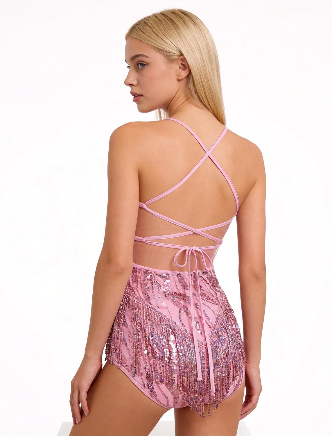 ODASDO Women Sequin Fringe Bodysuit, Latin Jazz Salsa Dance Costume, Sexy Glitter Jumpsuit for Party Disco Festival Rave
