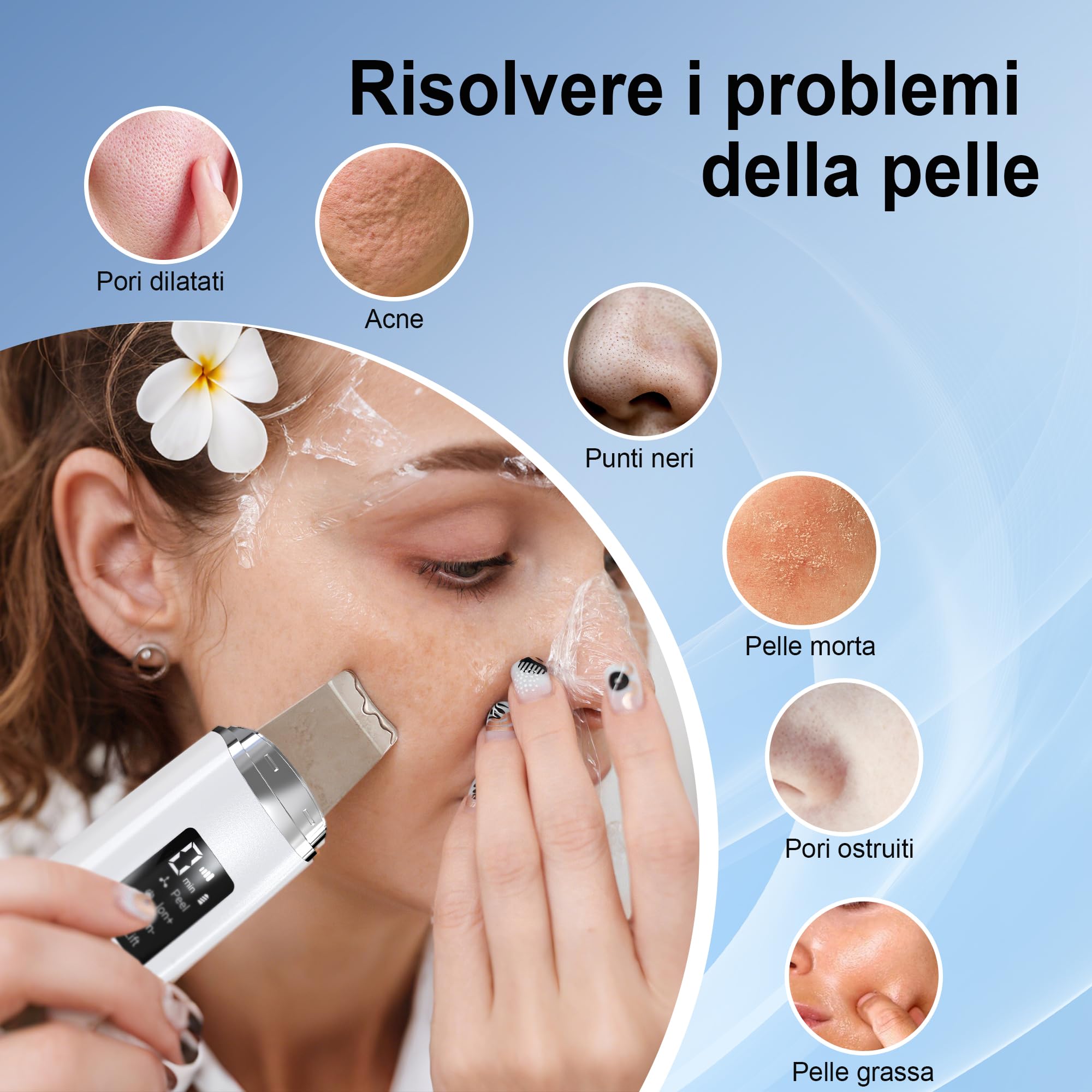 Pulizia Viso Ultrasuoni, Skin Scrubber con 4 Modalità e Intensità Regolabile, Luce Rossa e Blu Spatola Professionale Punti Neri Rimozione Pulizia Profonda la Viso Peeling e Cura