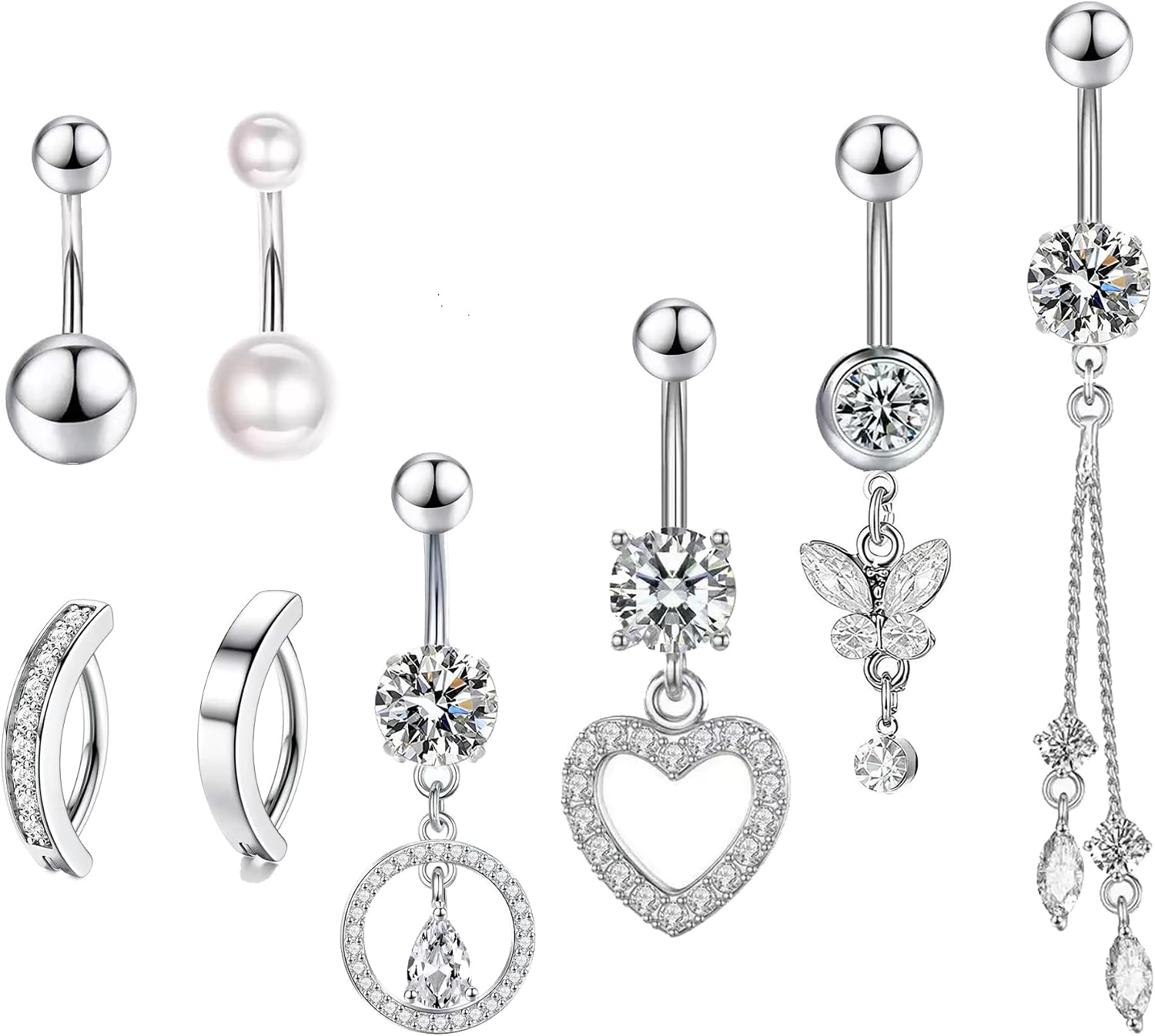 Belly Button Rings,14G Stainless Steel Navel Piercing Jewelry with Cubic zorconia Pearl, Heart, Butterfly, Crystal Dangle Styles Hypoallergenic no tarnish sensitive skin for women