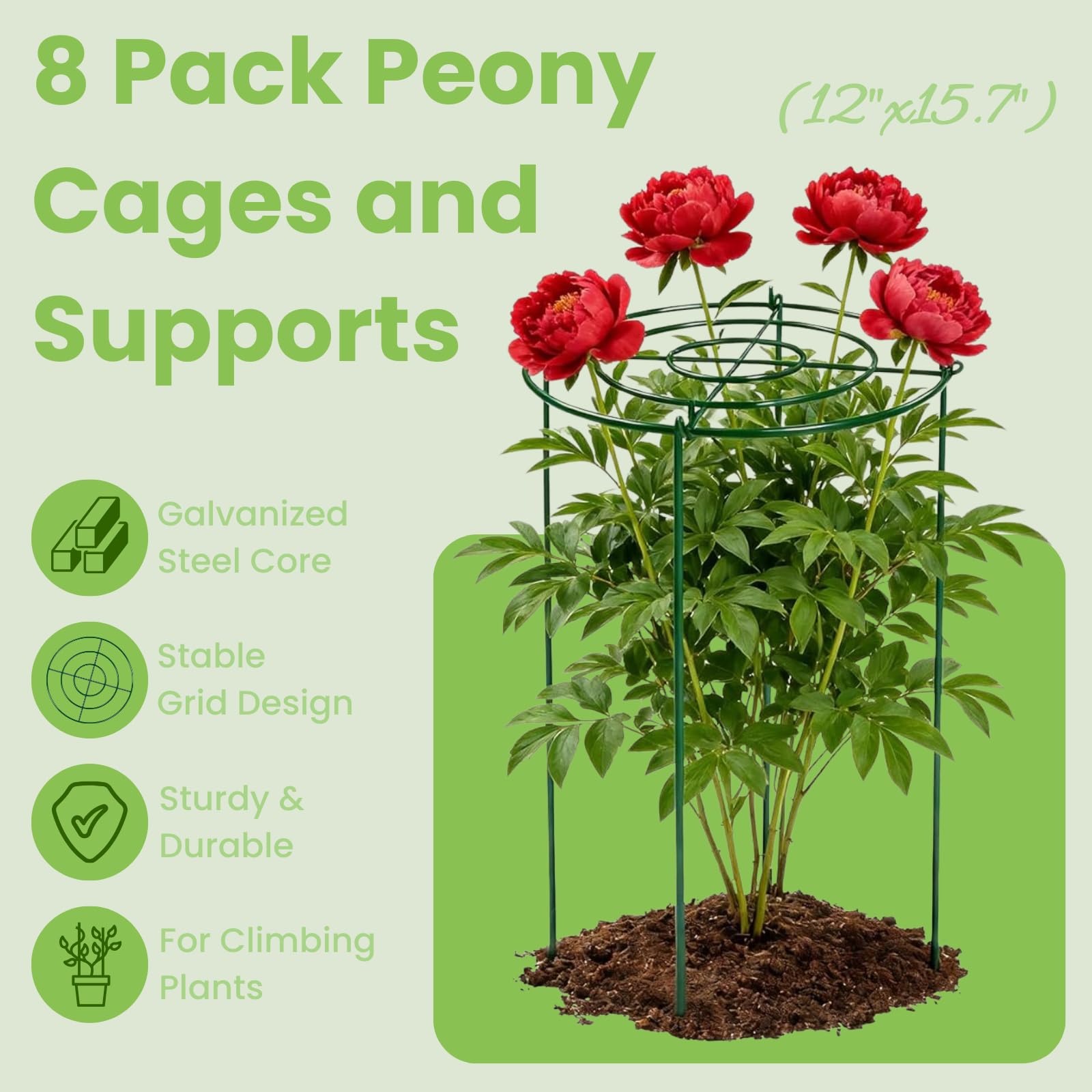 Lancisism Pfingstrosen-Käfige und Stützen – robuste Pflanzenstütze aus Metall für Outdoor-Pflanzen – Pflanzenstützrahmen für Rose, Tomaten, Hortensien, Salbei, Erdbeere, 30,5 cm D x 40,6 cm H, 8 Stück