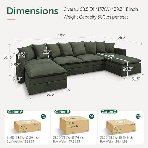 Miniatura 8 de HONBAY Sofá modular seccional, sofás seccionales de pana para sala de estar, sofá en forma de U con almacenamiento, color verde