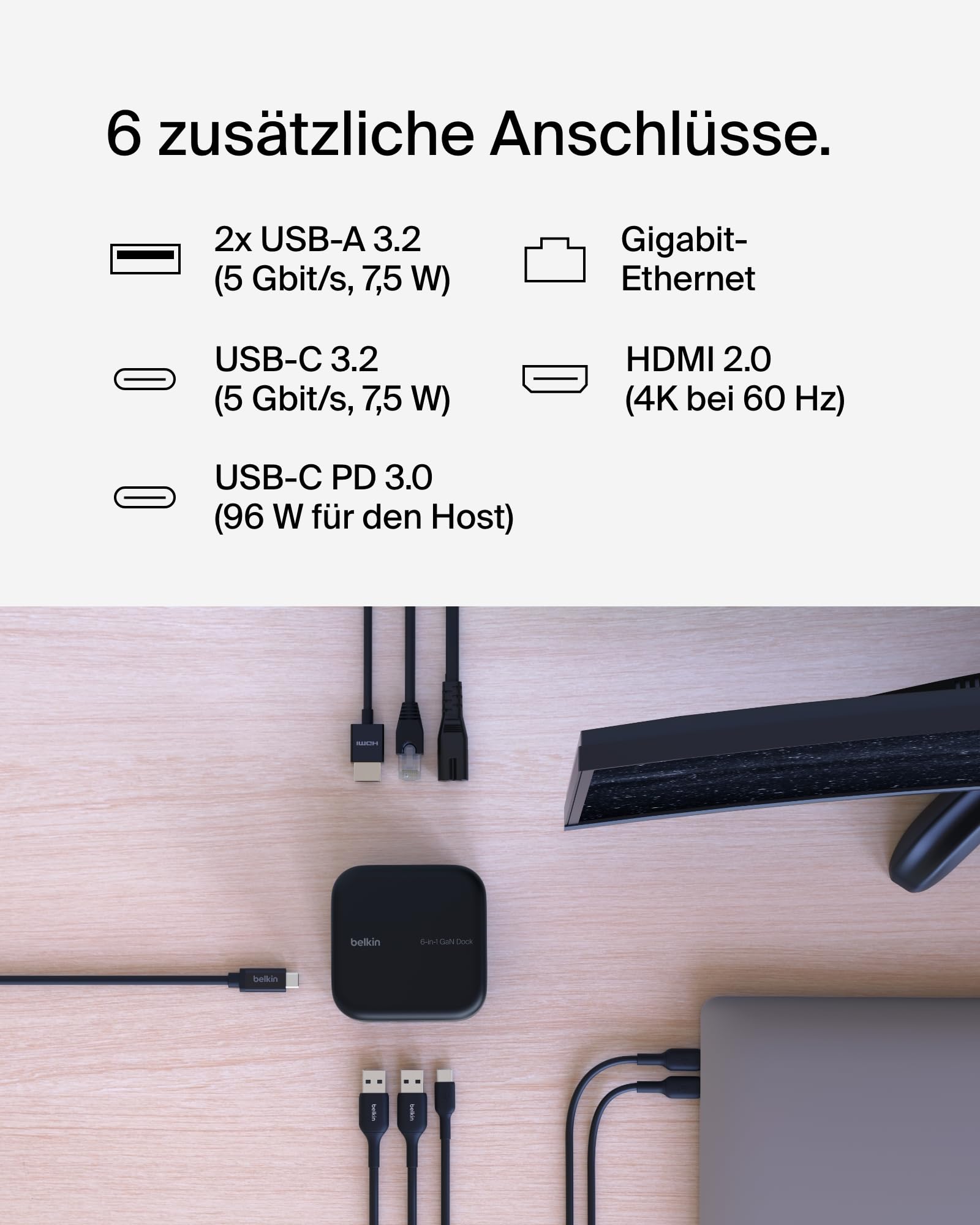 Belkin Connect USB-C-6-in-1-Core-GaN-Docking-Station (130 W), 96 W PD für Peripheriegeräte, USB-C, USB-A, Gigabit-Ethernet, HDMI-4K-Anschlüsse zum Gamen, für MacBook Pro, Windows-Laptops, Chromebook