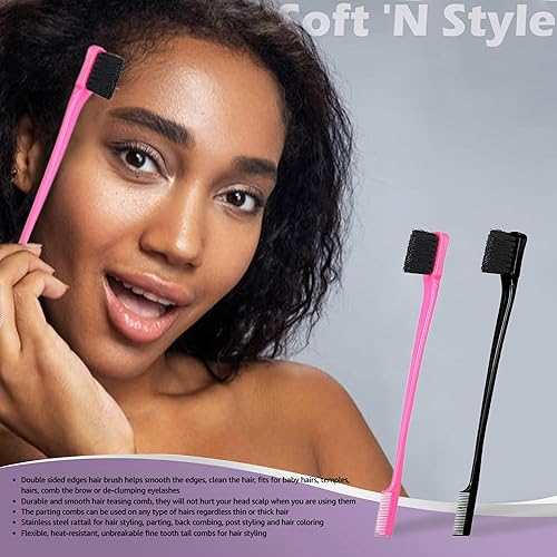 Miniatura 10 de Foxi Fresh - Peine de doble cara para control de bordes, 2 unidades, color rosa y negro