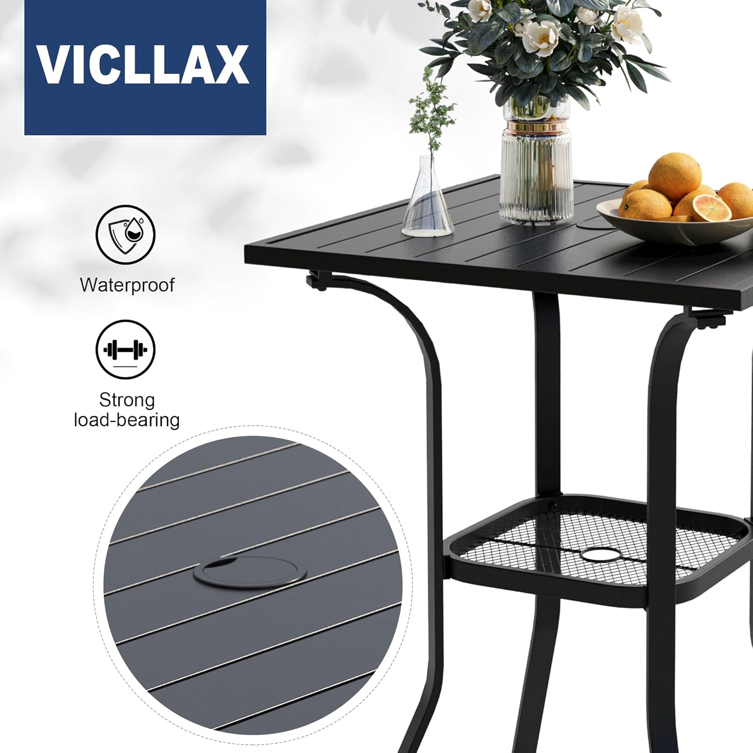 VICLLAX Outdoor Bar Table, 28" Wide Square Patio Bar Height Table Weather Resistant Metal Slatted Tabletop with Umbrella Hole for Balcony Front Porch, Backyard, Black