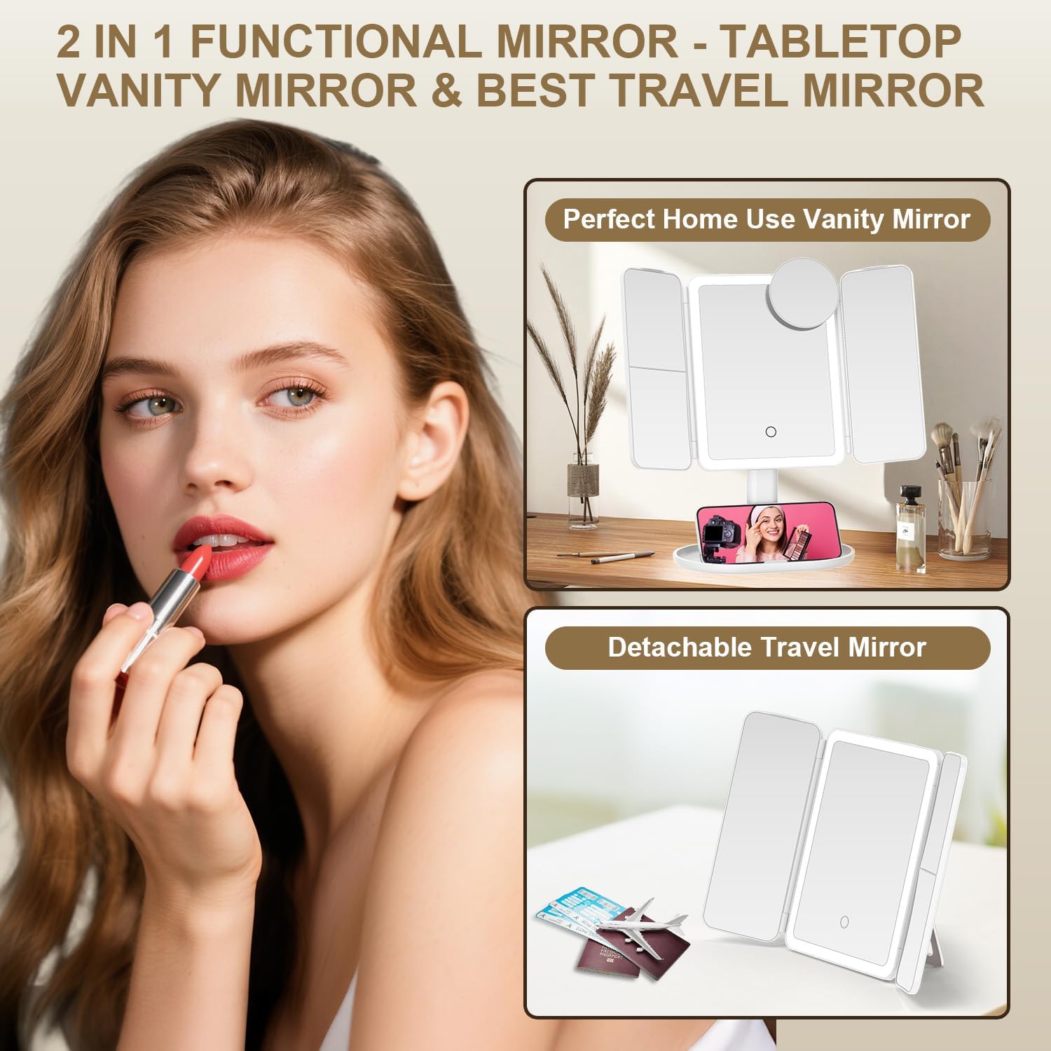 Mocado Makeup Mirror with Lights, 20X/7X/3X Magnifying Mirror with Light,Rechargeable & Height Adjustable Lighted Makeup Mirror,Vanity Mirror with 3 Colors Lights,Detachable Design for Travel(White) - Image 3