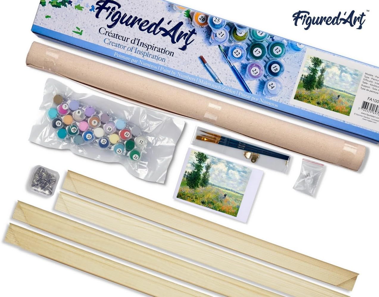 Figured'Art Paint by Numbers Kit for Adults Monet Field of Poppies 16"x20" - Craft Art Painting Rolled Canvas with DIY Wooden Frame