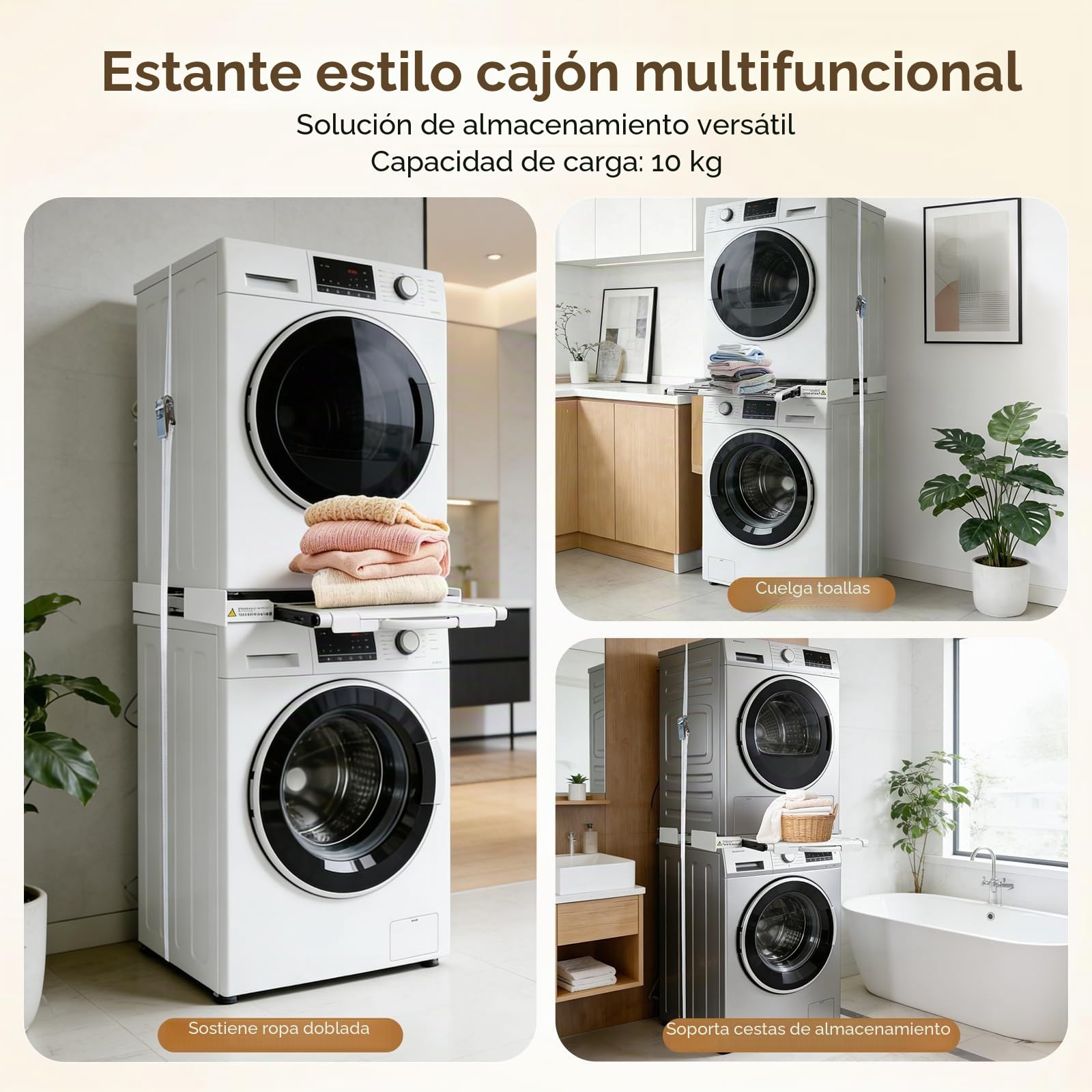 Marco intermedio con tendedero, marco de conexión universal para lavadora y secadora, kit de marco intermedio para lavadoras y secadoras de 43-72 cm, capacidad de carga 300 kg.