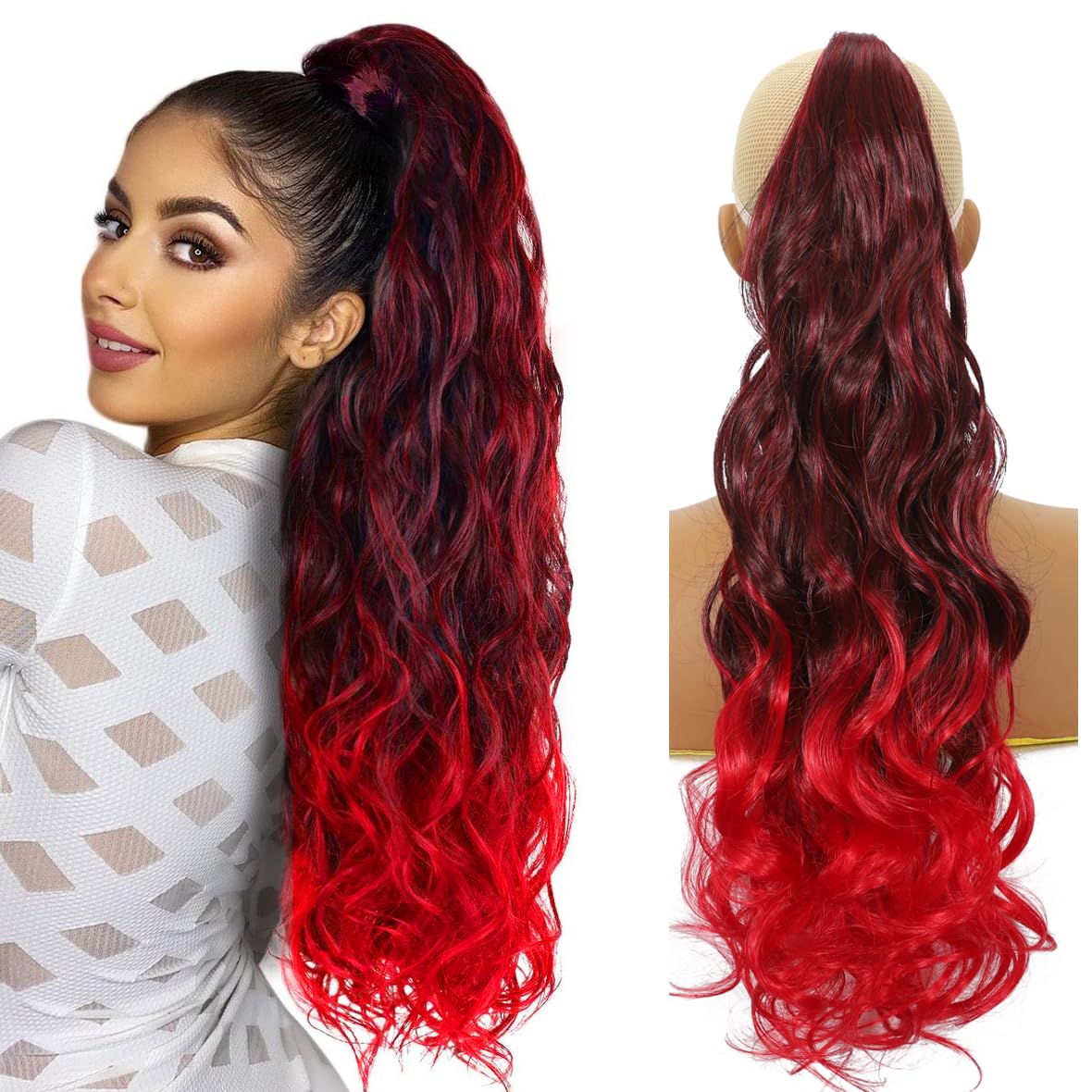 22Inch Claw Wavy Ponytail Extension Black to Red Long Curly Pony Tail Clip in Hair Extensions for Women Fluffy Synthetic Hairpiece for Daily Use(22Inch,T1BRed)