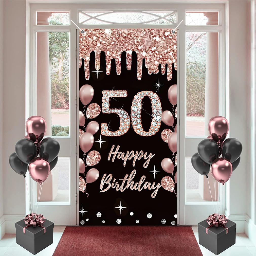 Happy 50th Birthday Banner 6x3.6ft - Pink & Gold Sign For Women's 50th Party Decor, Polyester Backdrop - View #11
