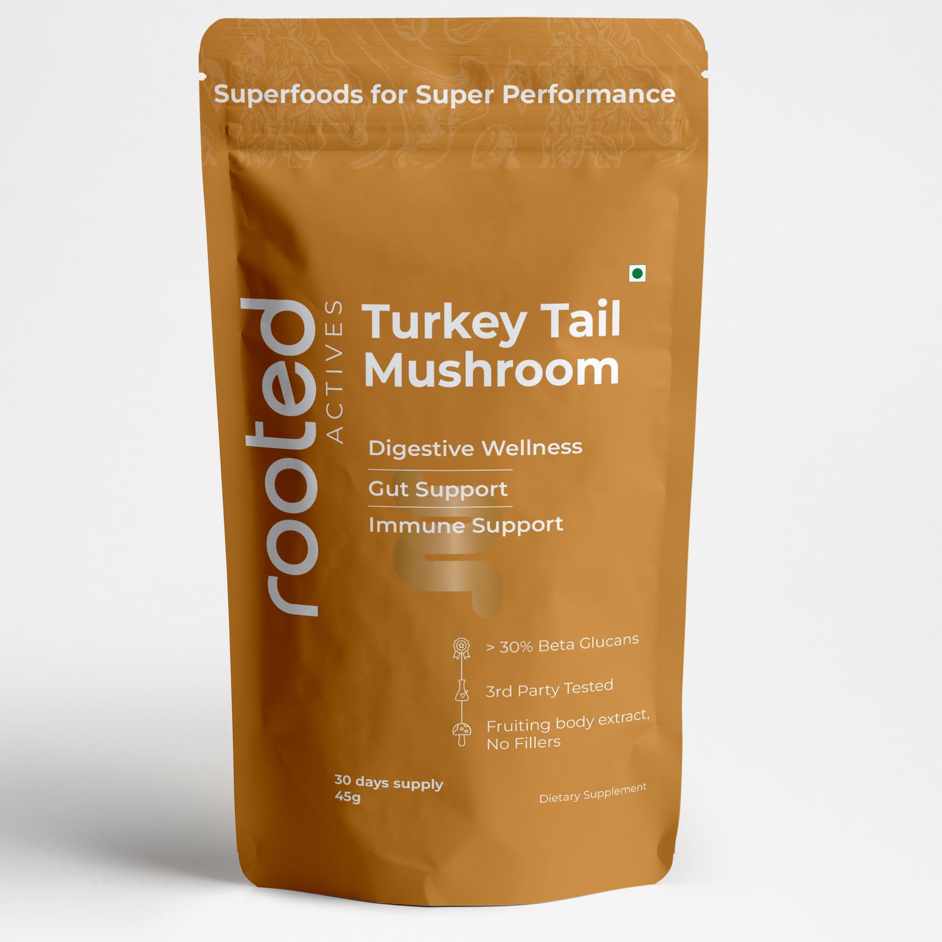 Rooted Active's Turkey Tail Organic Mushroom Powder Pouch, 45 Grams, 30 Servings, Immune Support, Ayurveda Nootropic Supplement, Beta-Glucans, Gut Health & Holistic Defense Mushroom Supplement