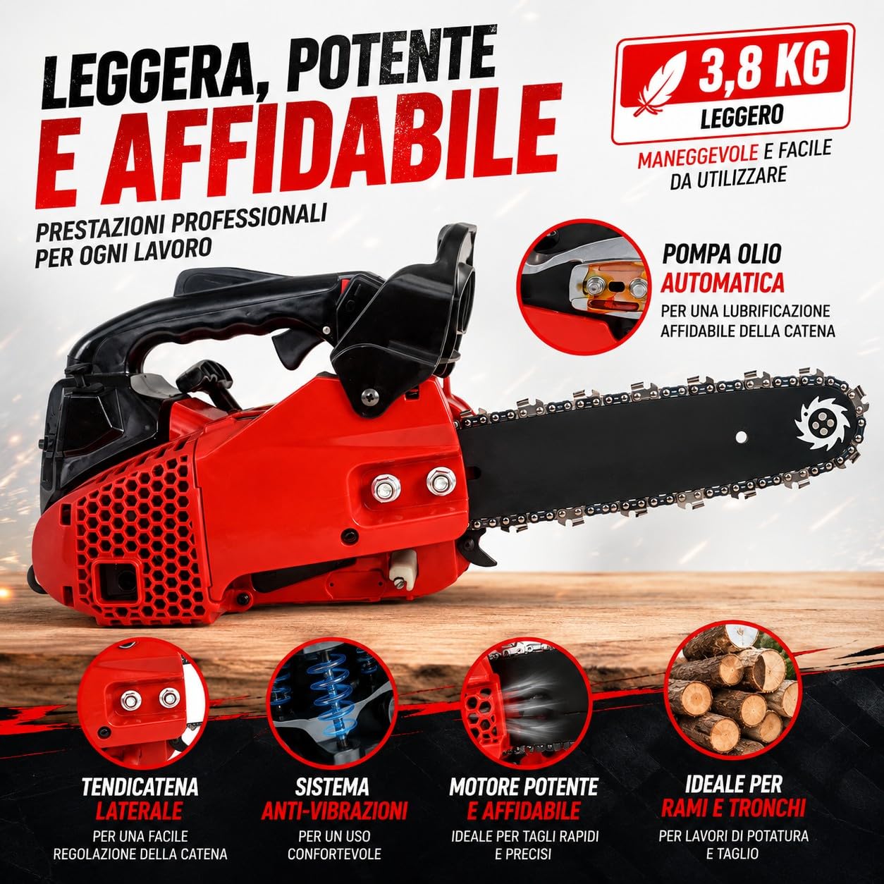 Motosega a Scoppio 25,4CC 900W Barra 25 cm per Potatura Motore 2 Tempi Catena 3/8" Lubrificazione Automatica Sistema Antivibrazione Ideale per Taglio Legna, Rami e Giardinaggio