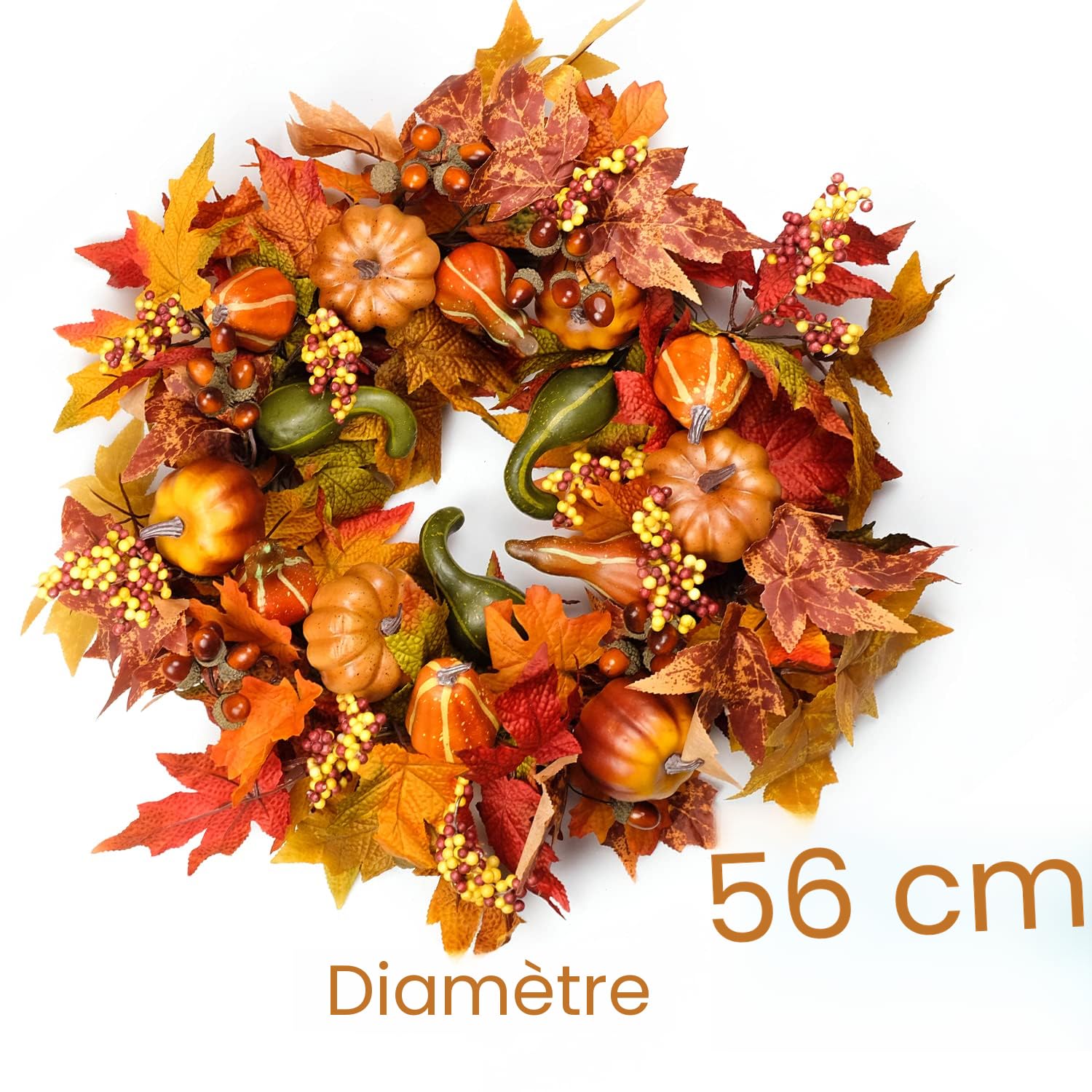 Couronne D'automne Pour Porte D'entrée 30 Cm - Feuilles D'érable, Citrouille Blanche, Décorations Halloween Et Thanksgiving