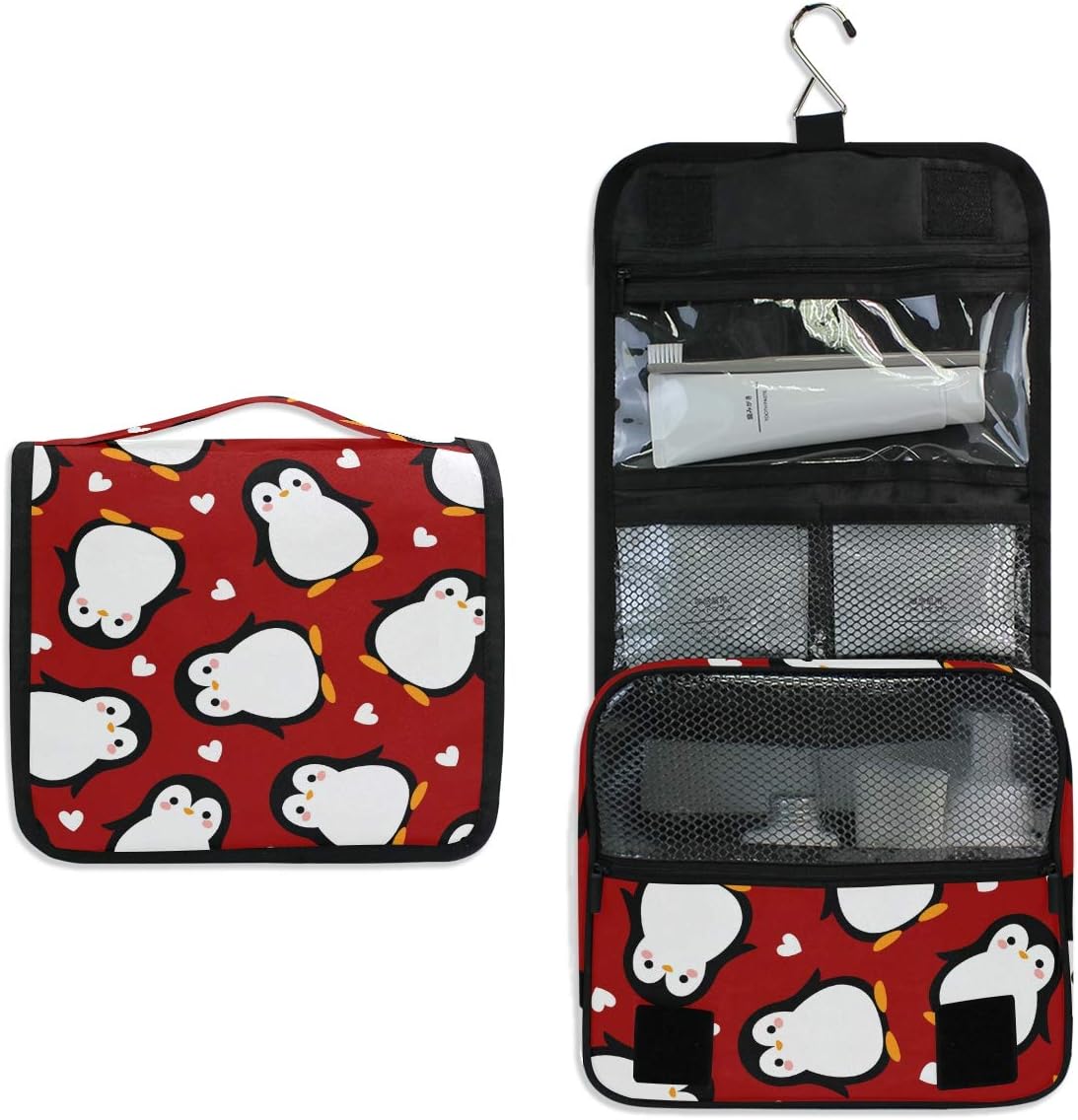 red toiletry bag with penguin prints 