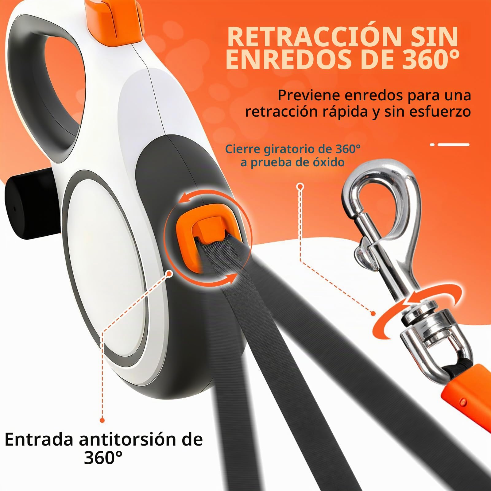 Correa Perro Extensible 8m - Correa Resistente para Perros Medianos/Grandes hasta 50kg, con Cable Anti-Mordidas, Dispensador De Bolsas para Heces Y Freno De Una Mano (Negro/Blanco)