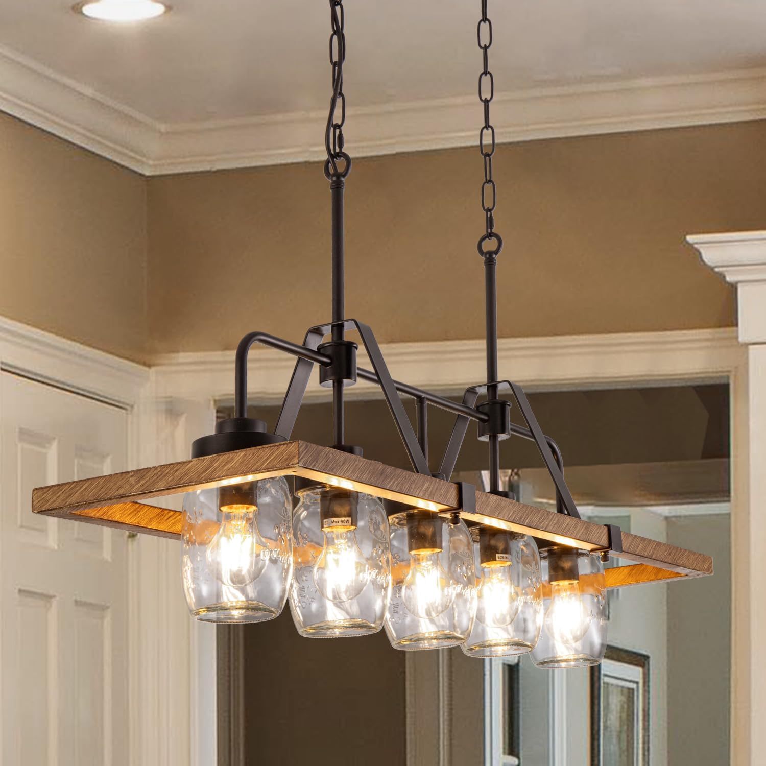Wellmet Kitchen Island Chandelier, Mason Jar Pendant Light Dining Room, 5-Light Wooden Paint Pendant Light for Living Room, Dining Table, Kitchen, Hallway, Restaurant, 39.3''W