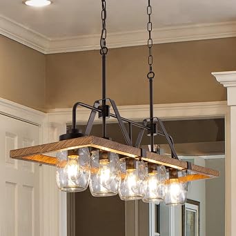 Wellmet Kitchen Island Chandelier, Mason Jar Pendant Light Dining Room, 5-Light Wooden Paint Pendant Light for Living Room, Dining Table, Kitchen, Hallway, Restaurant, 39.3W