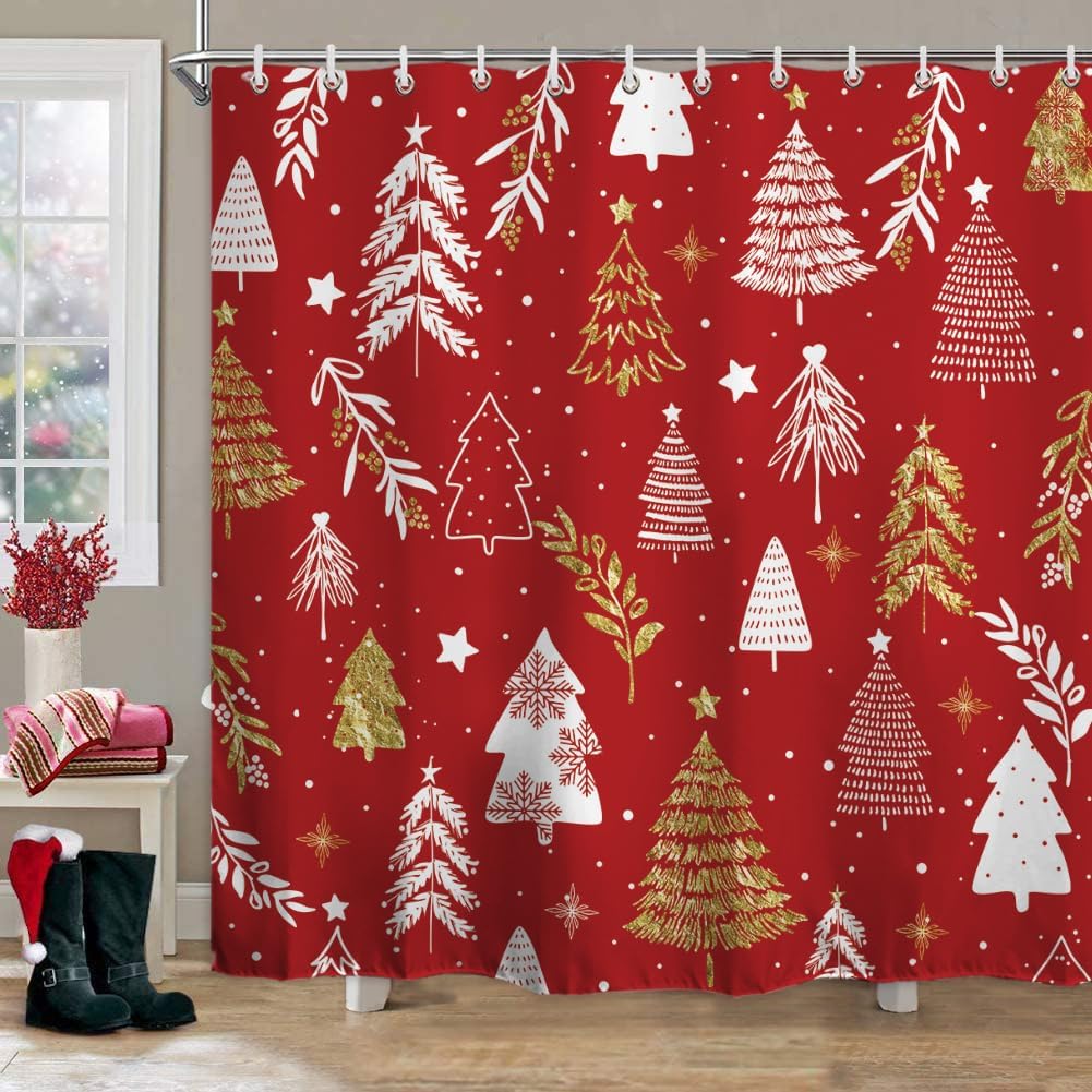 Baccessor Merry Christmas Tree Shower Curtain New Year Red Xmas Pine Trees Snowflake Winter Shower Curtain Polyester Fabric Bathroom Bath Home Decor