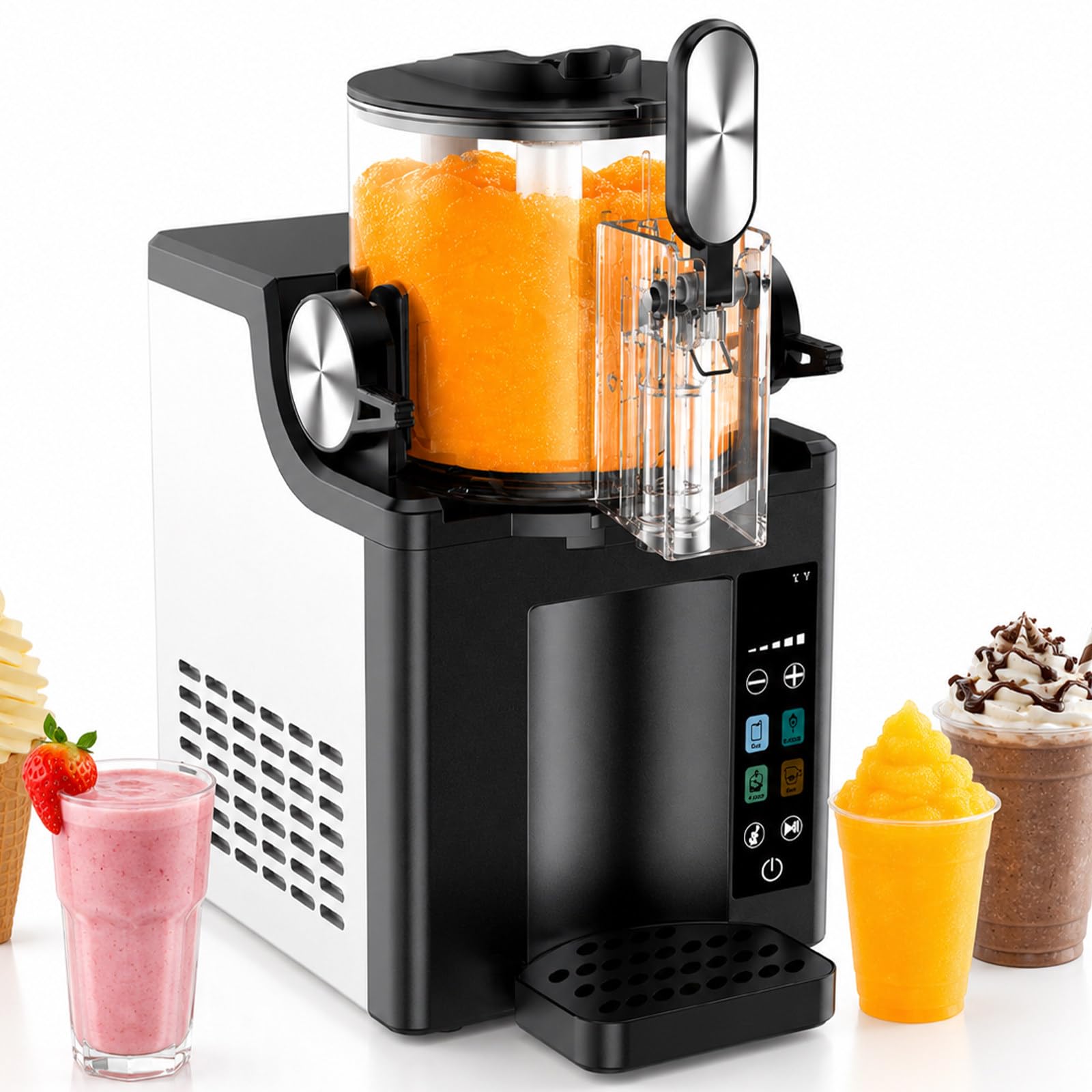 lilishangmao 4 in 1 Slushy Maker with 1.5L Transparent Tank, No Ice Needed Smoothie Machine for Smooth Iced Drinks Soft Serve Milkshakes and Coffee Frappes, Touch control & Adjustable Hardness B