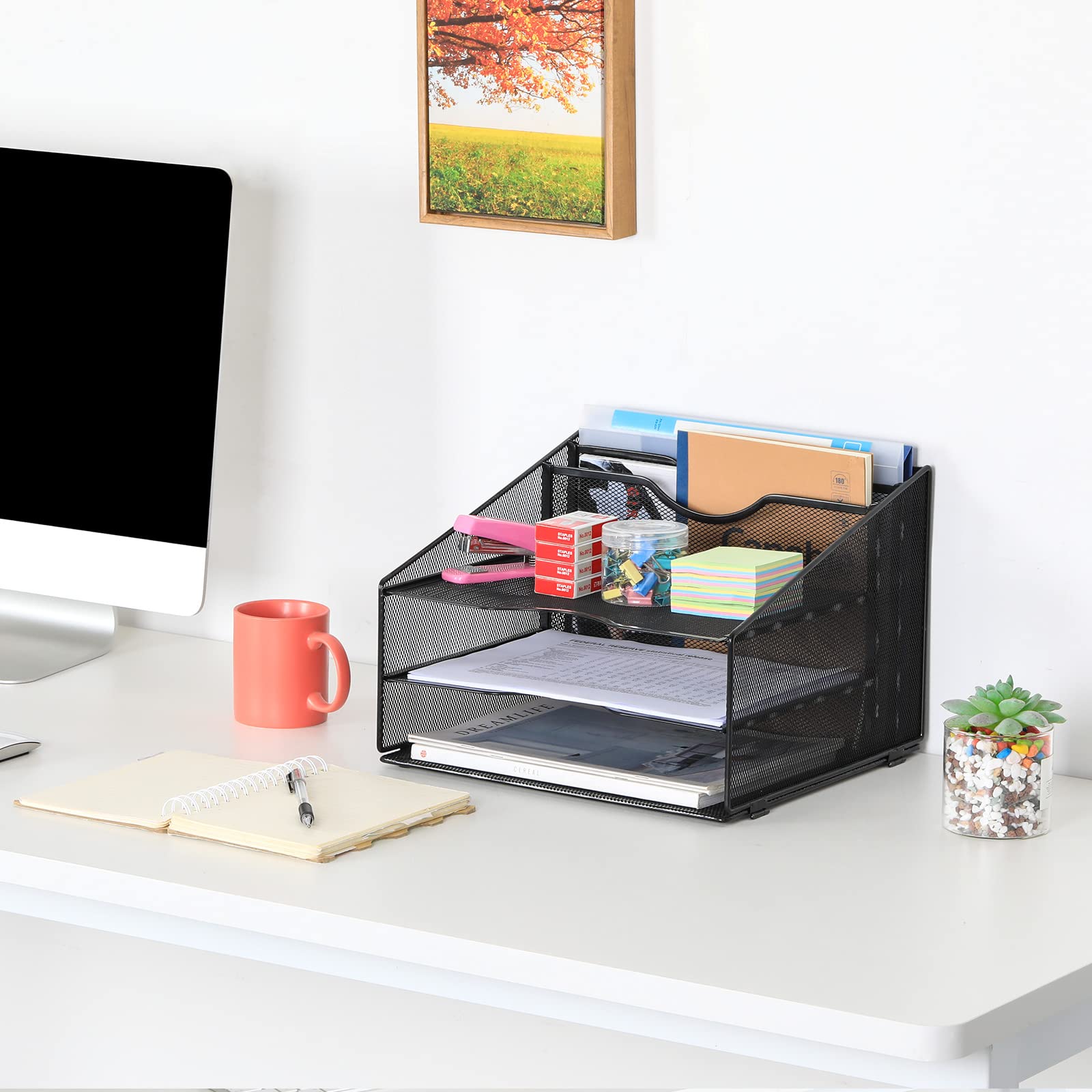 EasyPAG 5 Compartiments Métal Corbeilles à Courrier A4 Banette de Rangement Bureau Porte Revue Organisateur de Magazine Bannette Papier Range Document,Noir