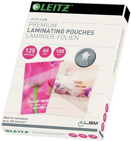 Leitz Sıcak laminasyon folyosu, parlak, şeffaf, A5, UDT, folyo kalınlığı 125 miks, 100'lü paket, 74930000