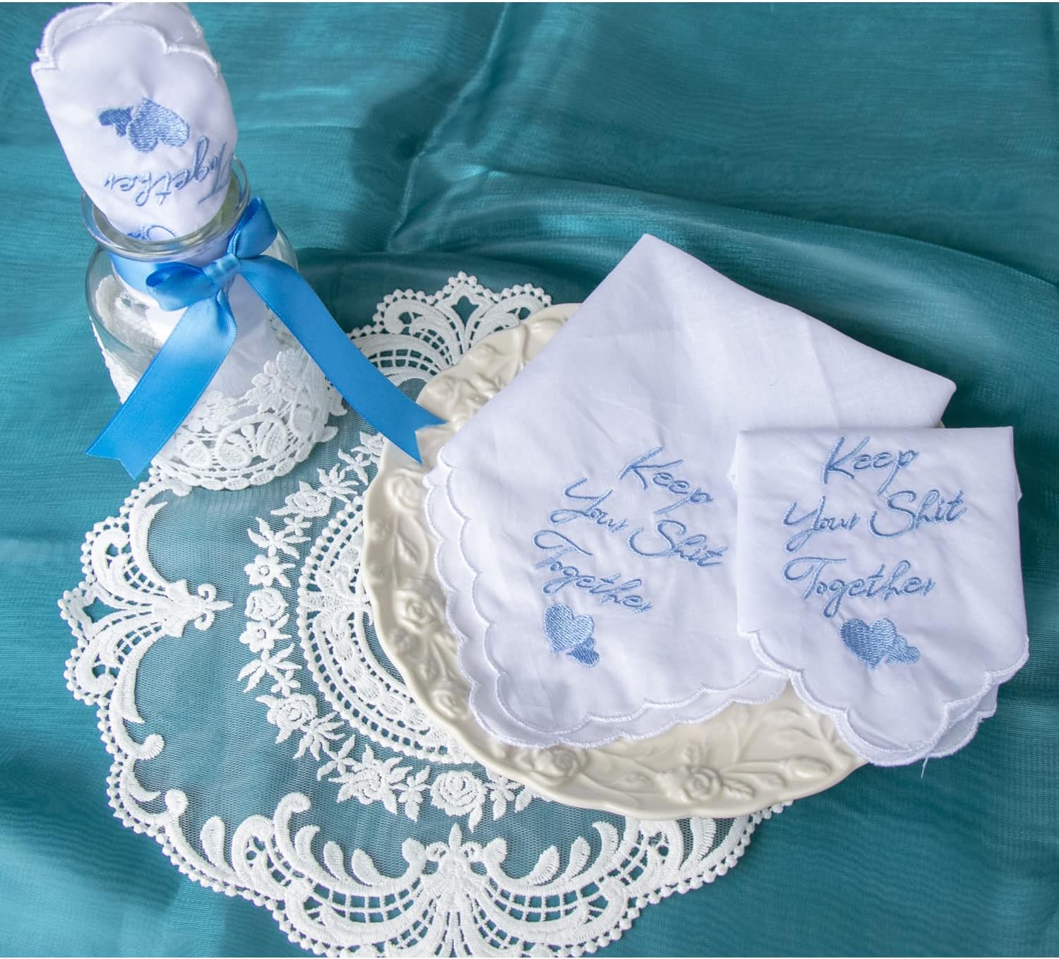 Deeorla Something Blue Wedding Gift Scalloped Embroidered Handkerchiefs Cotton Hankies Bride Gift