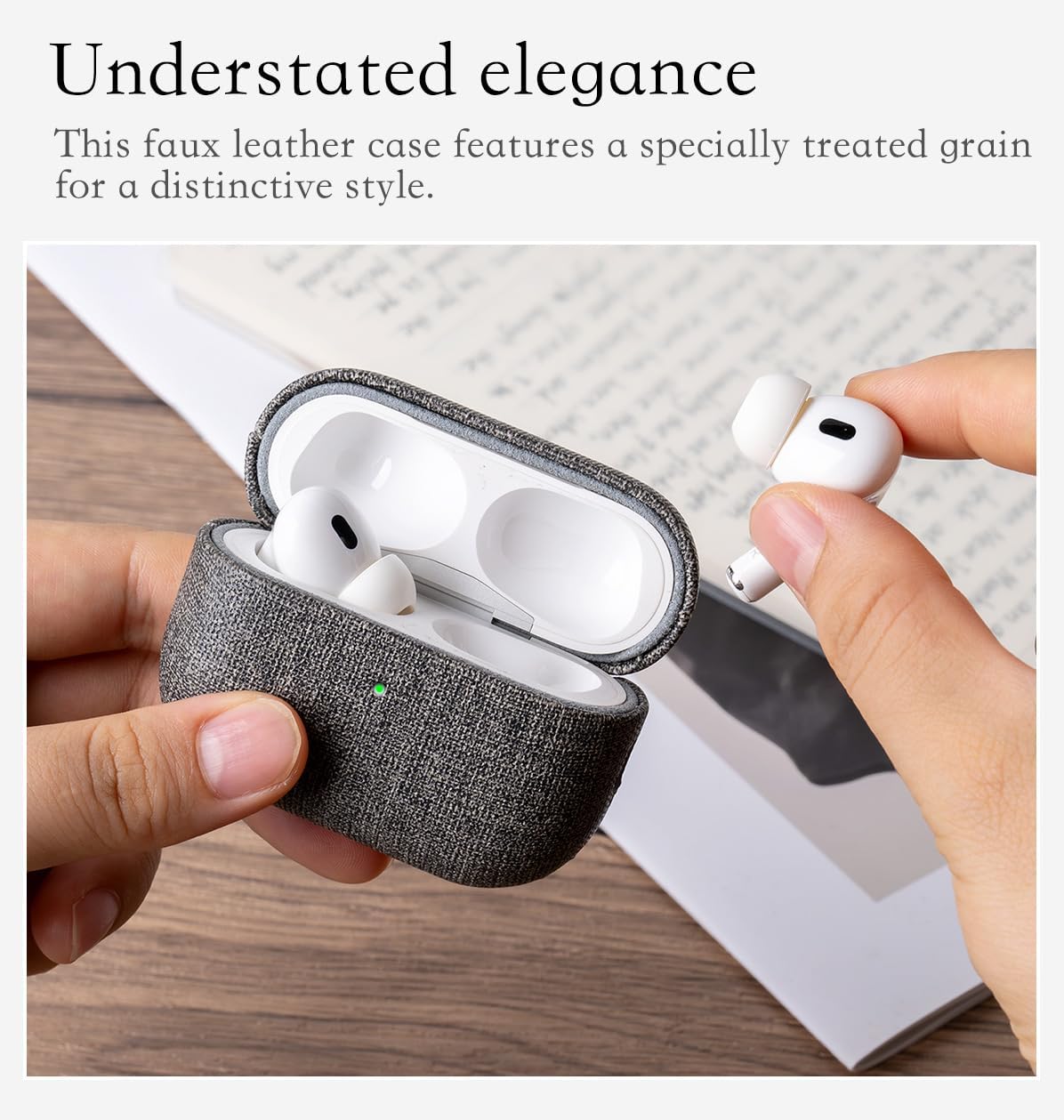 for AirPods Pro 2 Case Cover - Full Vegan Leather Wrap, No Plastic Seen or Felt | Canvas Finish Synthetic Leather | Scratch Proof Microfiber Lining | Hard Case for AirPods Pro 2 - Gray