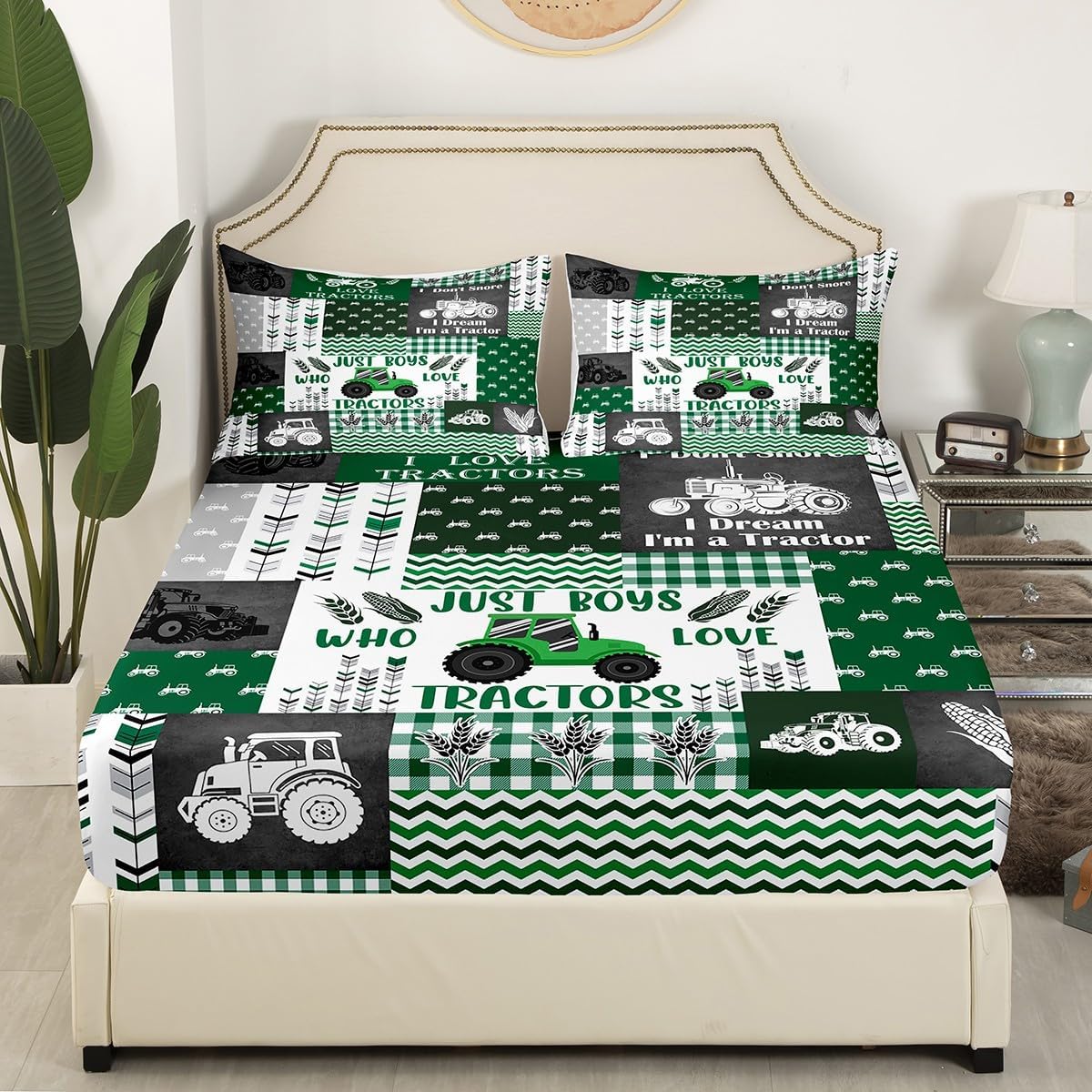 Farm Tractor Fitted Sheet Twin Size,Rustic Corn Wheat Botanical Bedding Set Equipment Truck Car Bed Sheets for Kids Boys Girls Room Decor,Green White Stripes Plaid Deep Pocket Sheet,1 Pillowcase