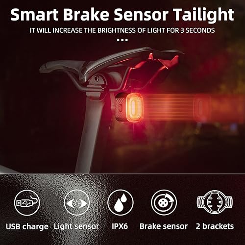 Miniatura 2 de ROCKBROS Luz trasera de bicicleta inteligente para conducción nocturna, detección de freno, luces traseras de bicicleta recargable por USB, IPX6,