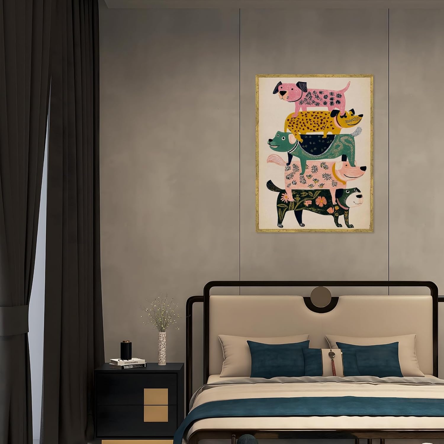 Gold Frame Wall Art Funny Colorful Stacked Dogs Poster Playful Cute Animal Dog Illustration Canvas Print Whimsical Pet Decor Artwork Aesthetic Pictures for Kids Room Bathroom Nursery 12x16inch