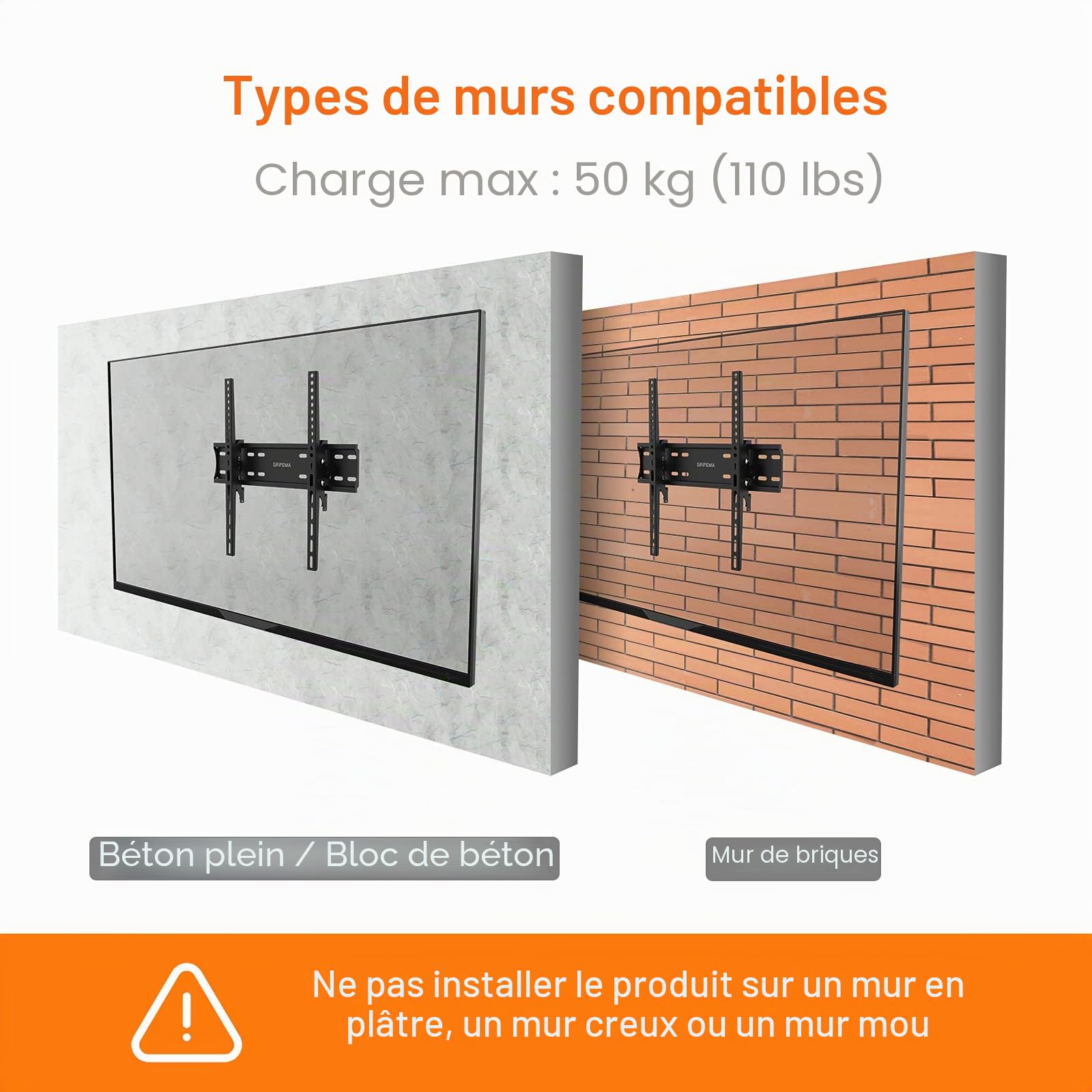 GRIFEMA Support Mural TV 26-65 Pouces - Fixation Murale TV Peut Contenir Jusqu'à 50KG, Accroche Television Mural Inclinable (± 15°) et Étend, Support Vesa 400x400mm Universel pour TV Plat / Incurvé