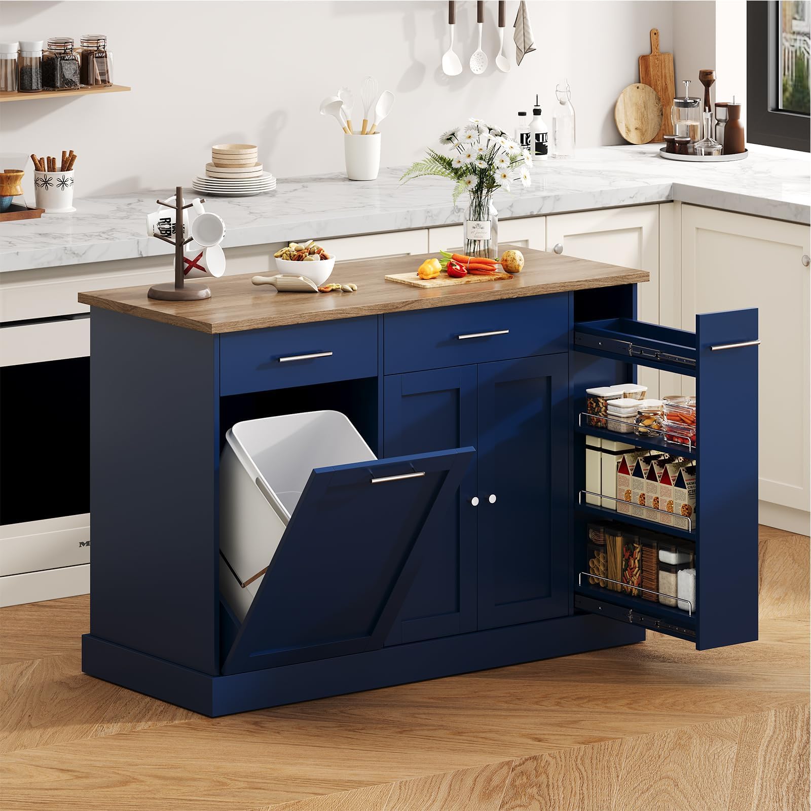 53 Inch Kitchen Island with Trash Can Storage, Rolling Island Table, Blue