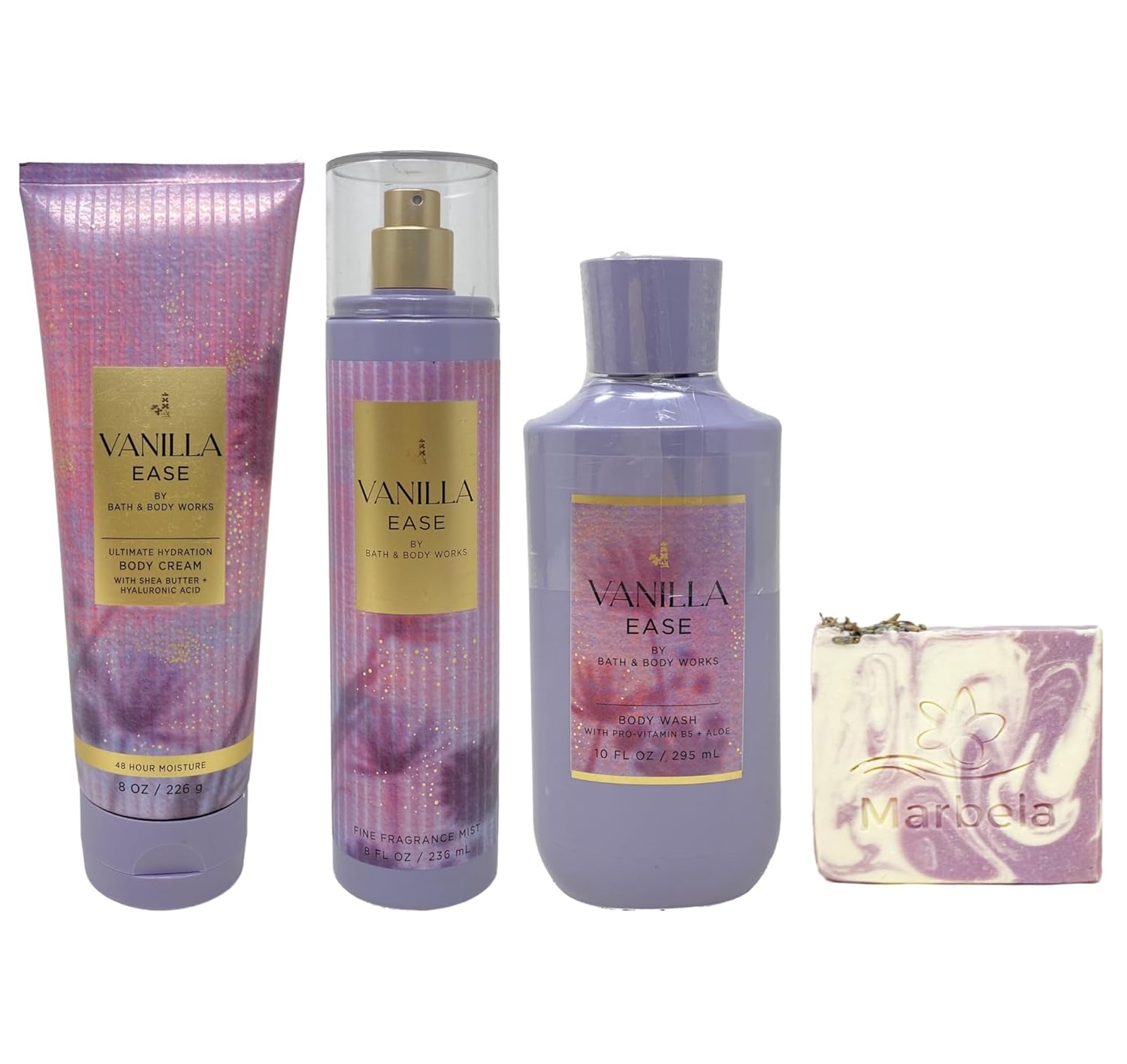 Bath & Body Works Vanilla Ease Trio Gift Set - Body Cream, Fragrance Mist and Body Wash - with a Lavender Dreams Bar Soap - Full Size