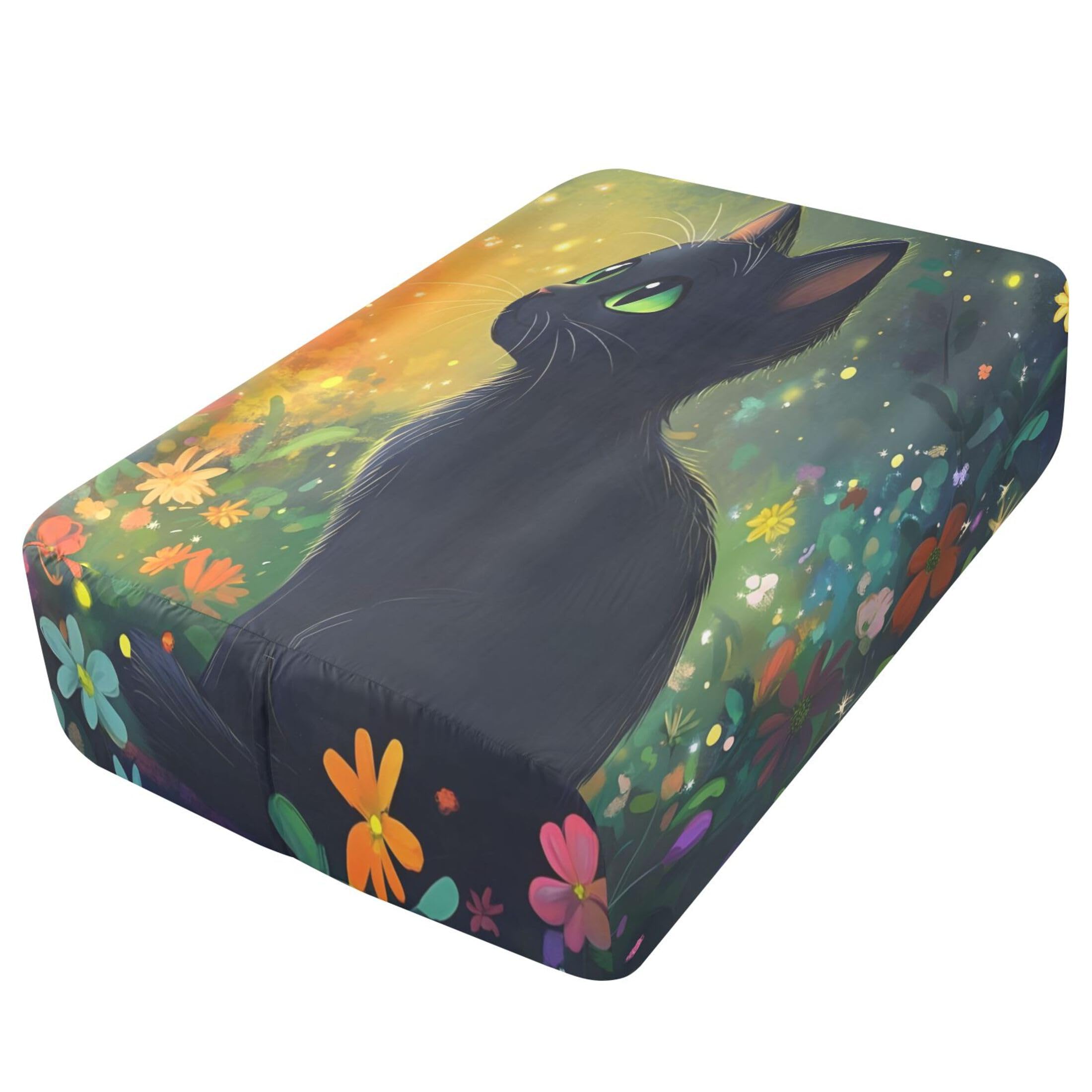 Lindo gato negro individual sábana bajera ajustable para colchón de aire, bolsillo extra profundo de 24 pulgadas, funda suave transpirable con apertura de válvula de cremallera para cama de