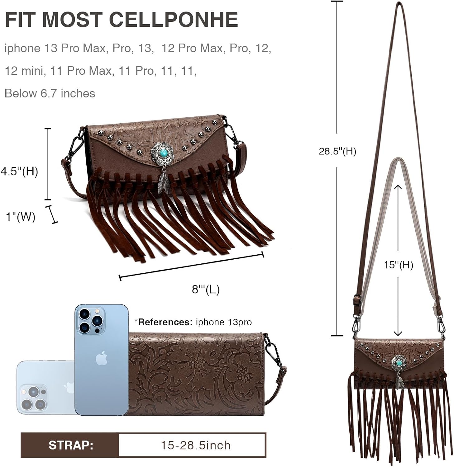 LAVAWA Small Crossbody Bags for Women Crossbody Handbag Fringe Purse Tassel Shoulder Bag Turquoise Concho Wallet