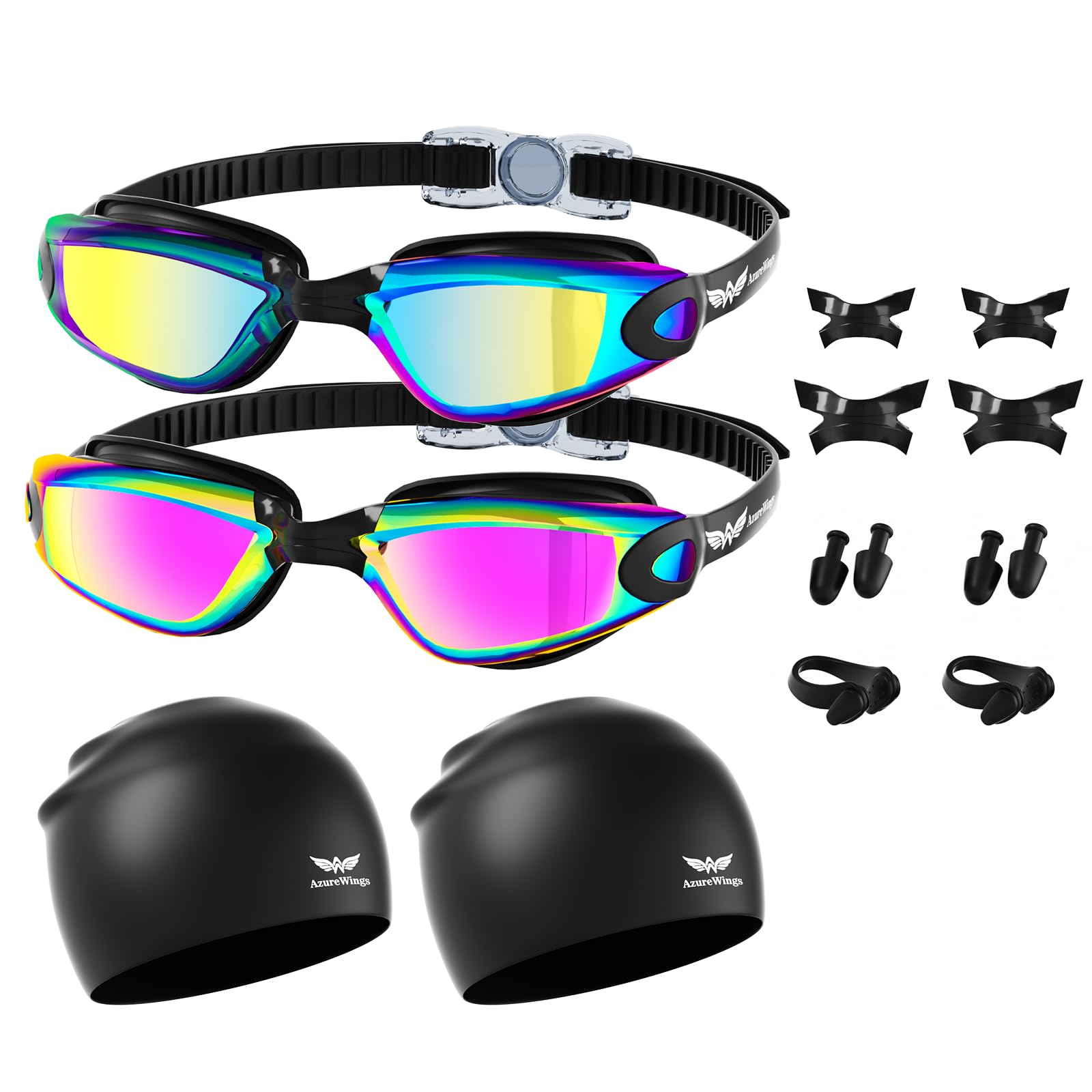 2 Pack Swim Goggles and Swim Caps Set, Anti-Fog UV Protection Adult Goggles