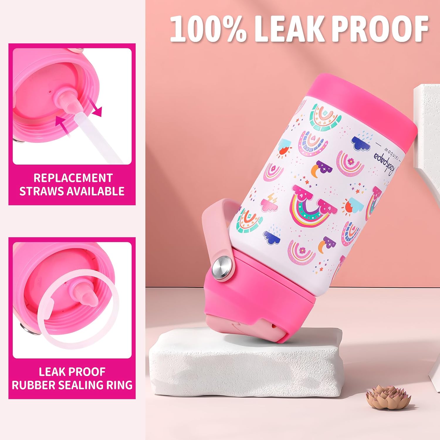 rockpapa 14 oz Kids Insulated Water Bottle,Stainless Steel Toddler Cups with Straws, BPA Free, Leak-Proof, Kids Water Bottle for School Boys& Girls (White Rainbow) - Image 6