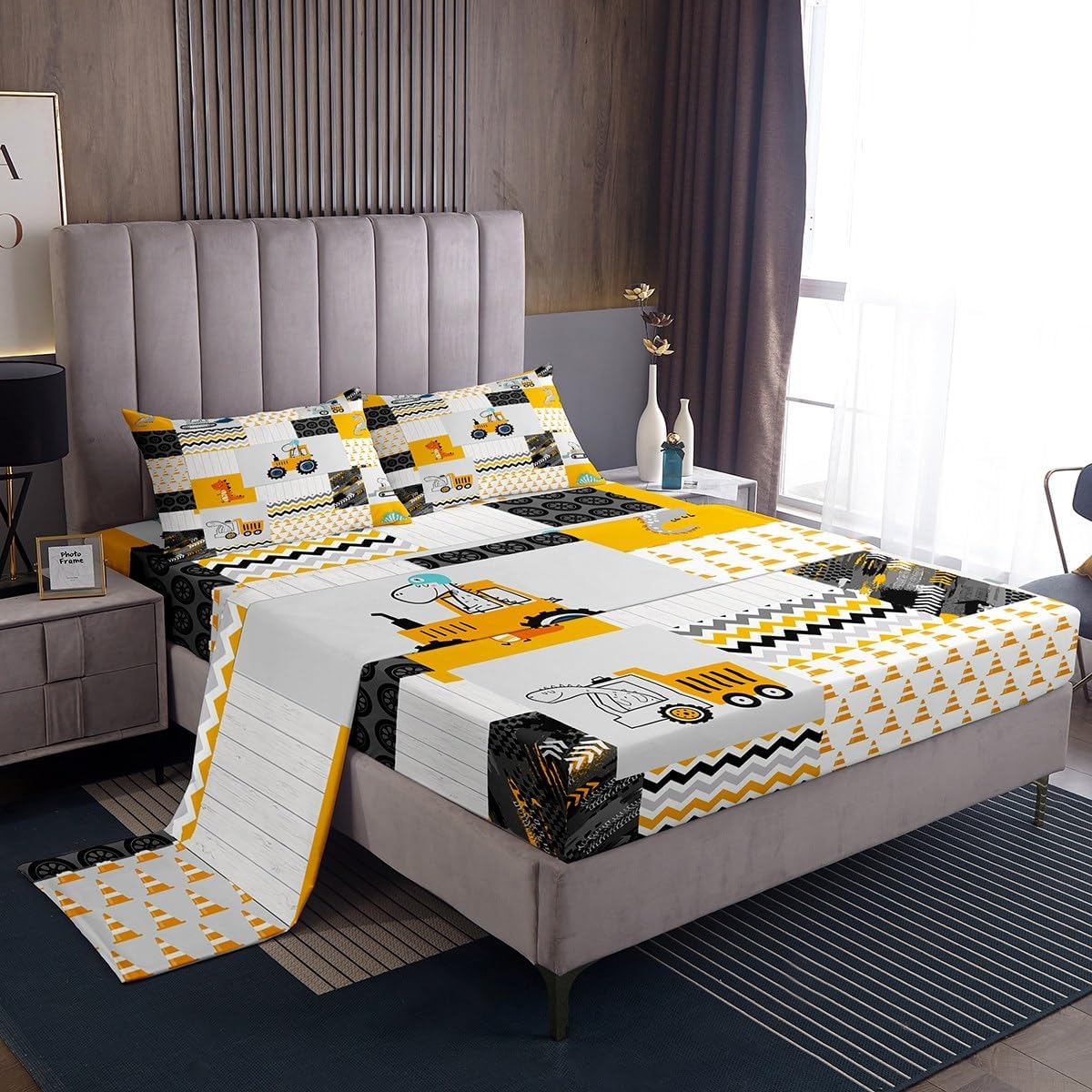 Construction Sheet Set King Size Kids Cartoon Car Excavator Tractor Toddler Sheets with Deep Pocket Fitted Sheet Equipment Trucks Plaid Grid Yellow Bed Sheets Set Construction Vehicles Beddi