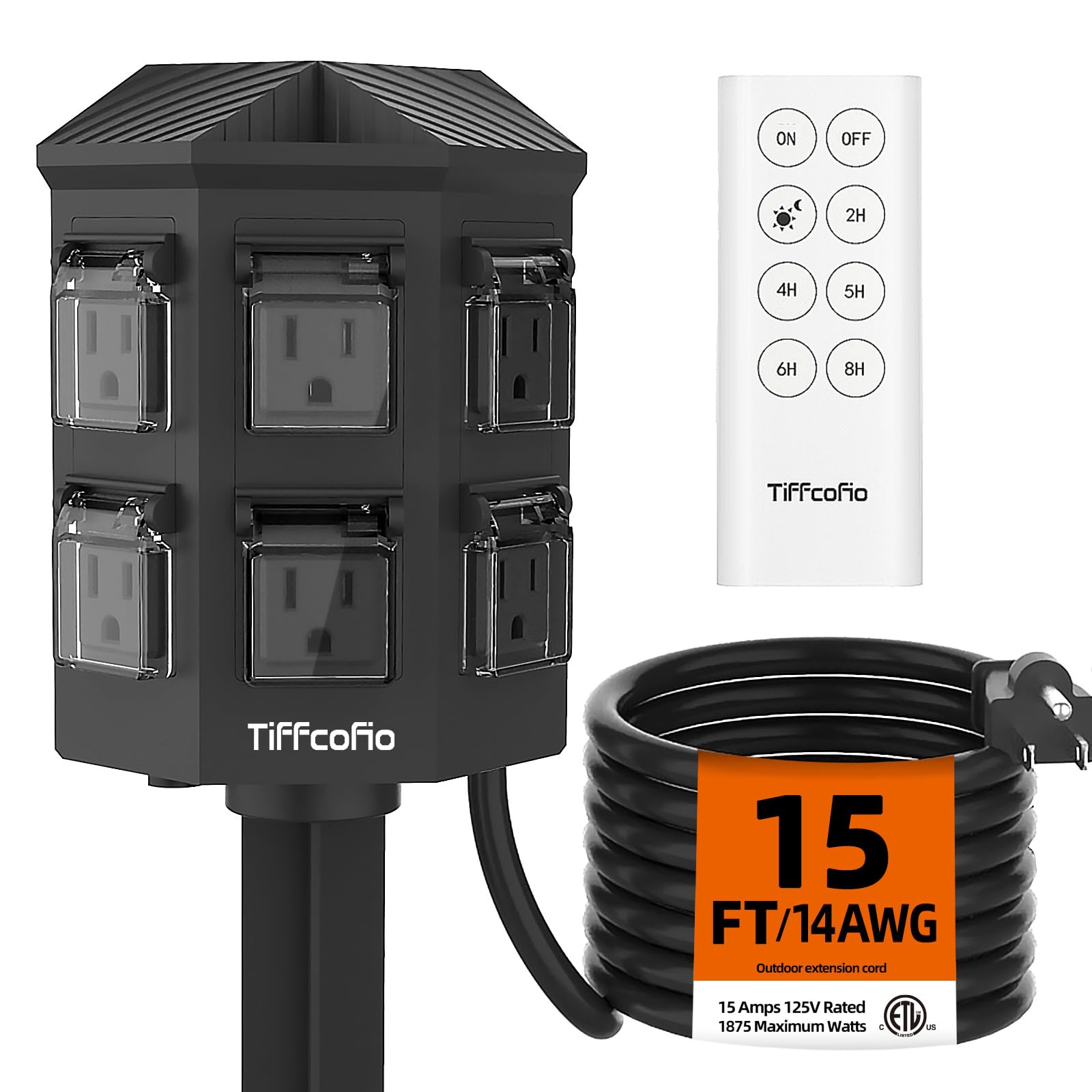 Outdoor Power Strip with 15FT Extension Cord, 100FT Remote Control, Dusk to Dawn Light Timer Waterproof, 6 Grounded Outlets for Yard, Pool and Garden, ETL Listed