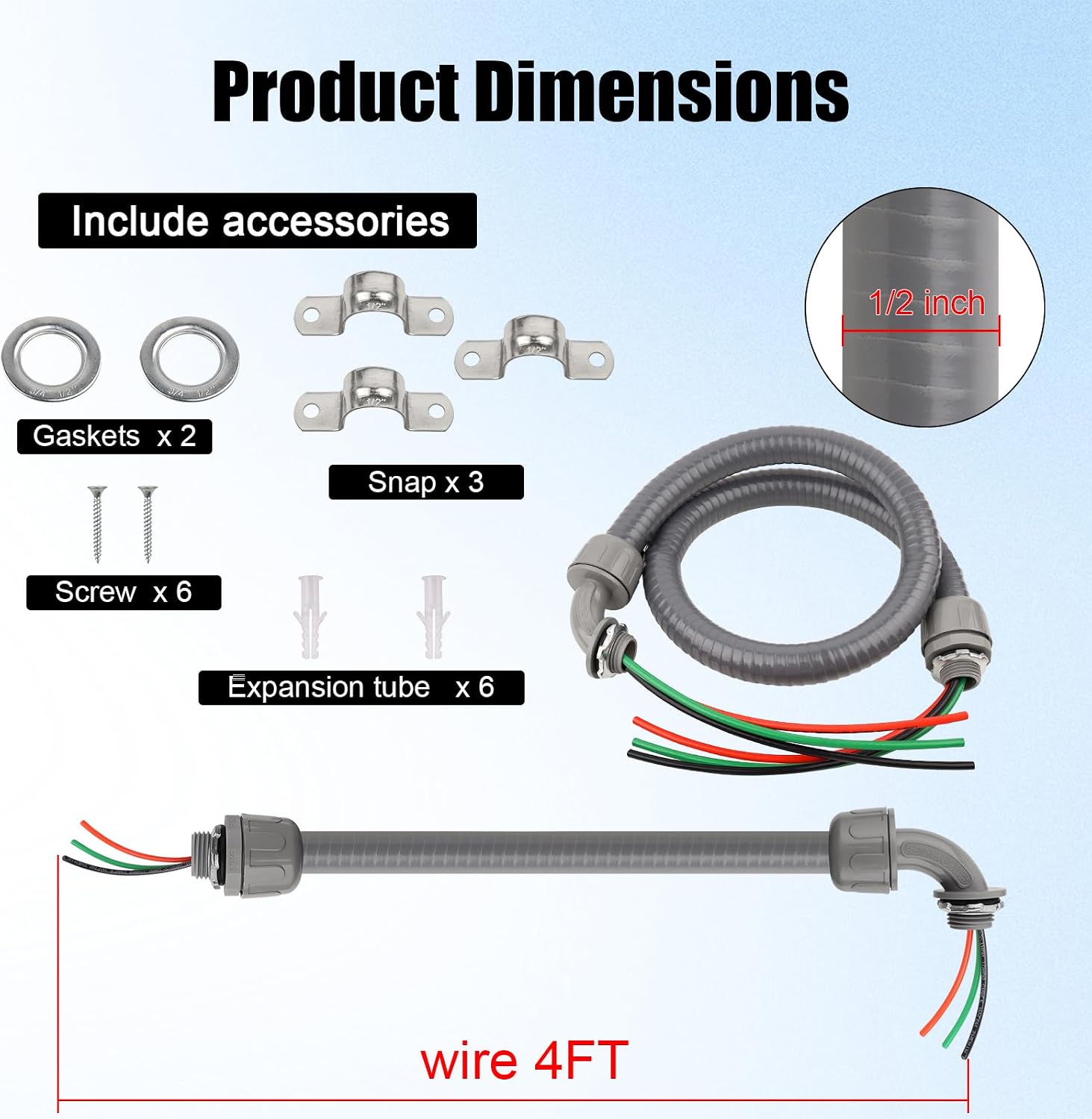 1/2Inch Outdoor Electrical Whips Kit, 4 FT Nonmetallic Liquid Tight Flexible Conduit Wire with 3 Conductors 10 Gauge THHN Electrical Wires, A/C Disconnect Box Power Whips Assembly (4FTx1/2Inch)