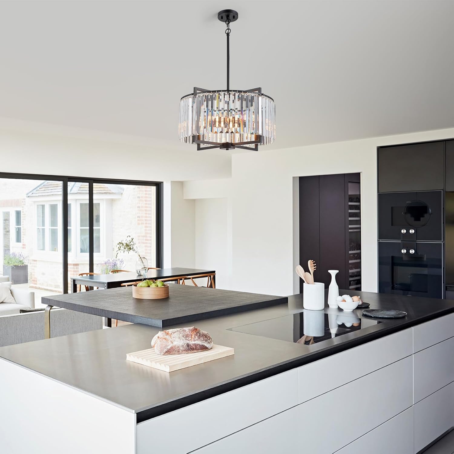 Black Crystal Chandelier Modern Drum Pendant Lighting Fixture for Dining Room, 20" Farmhouse Round 5-Light for Living Room Kitchen Island Bedroom Black